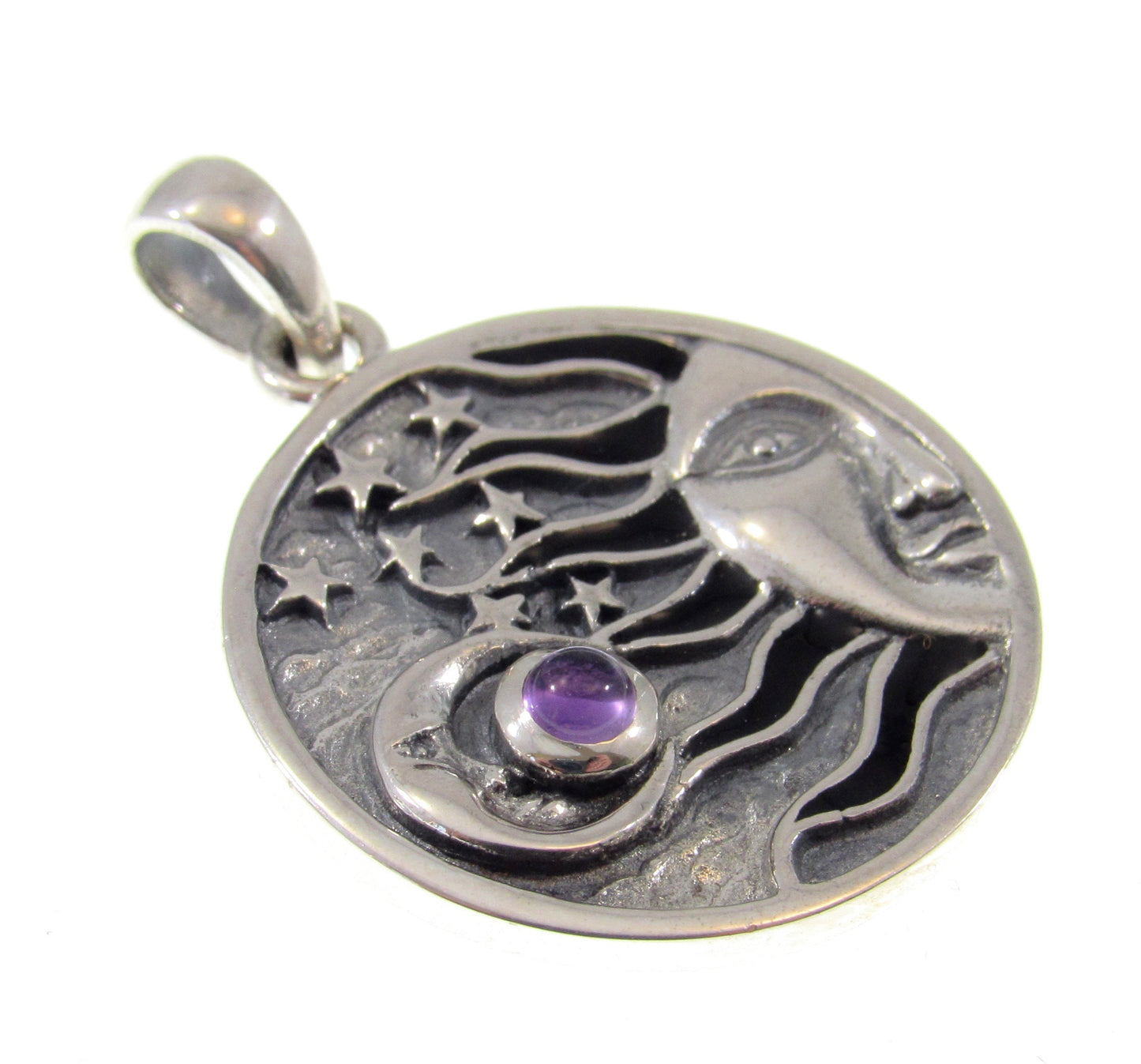 Solid 925 Sterling Silver Sun, Crescent Moon, & 7 Stars Pendant With Genuine Gemstone, Choose Amethyst, Garnet, Moonstone, Blue Topaz