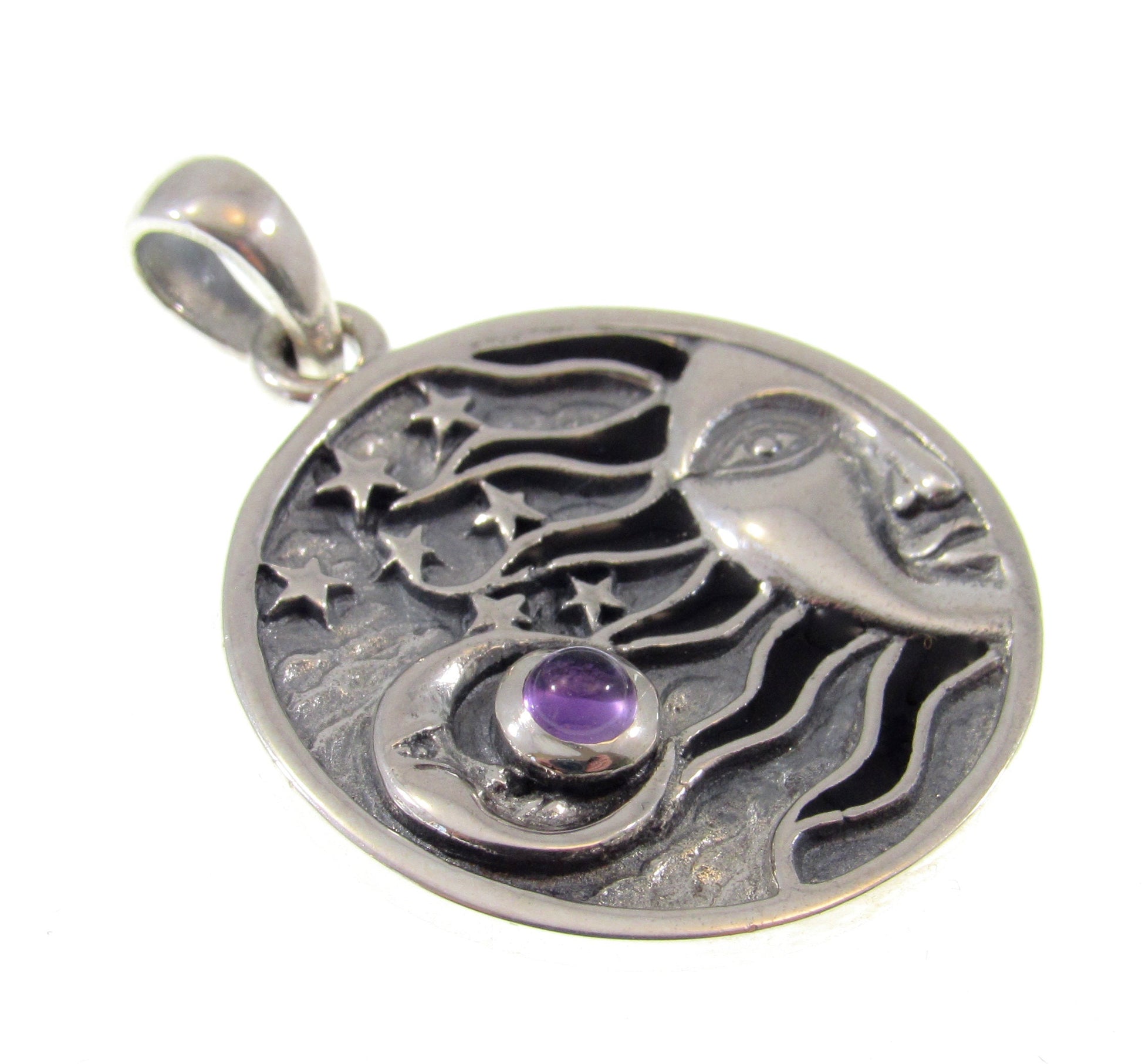 Solid 925 Sterling Silver Sun, Crescent Moon, & 7 Stars Pendant With Genuine Gemstone, Choose Amethyst, Garnet, Moonstone, Blue Topaz