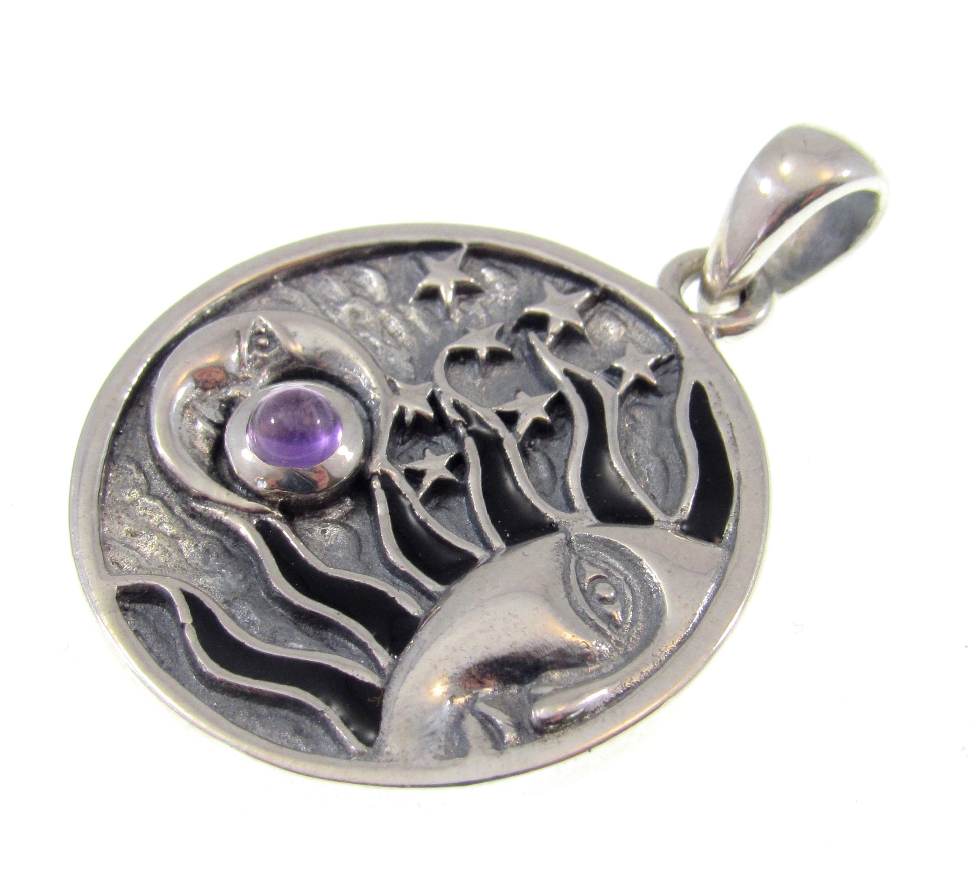Solid 925 Sterling Silver Sun, Crescent Moon, & 7 Stars Pendant With Genuine Gemstone, Choose Amethyst, Garnet, Moonstone, Blue Topaz