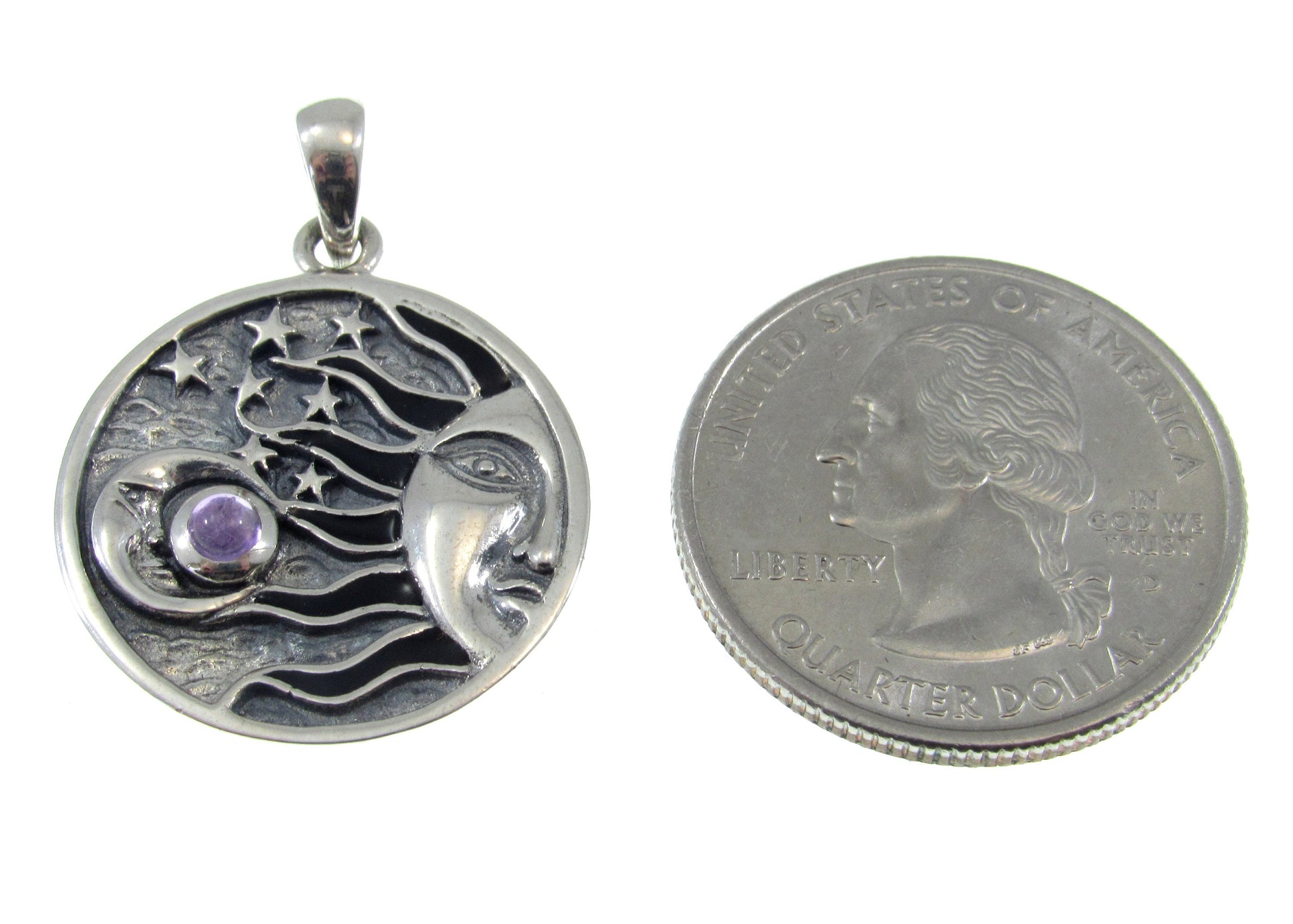 Solid 925 Sterling Silver Sun, Crescent Moon, & 7 Stars Pendant With Genuine Gemstone, Choose Amethyst, Garnet, Moonstone, Blue Topaz