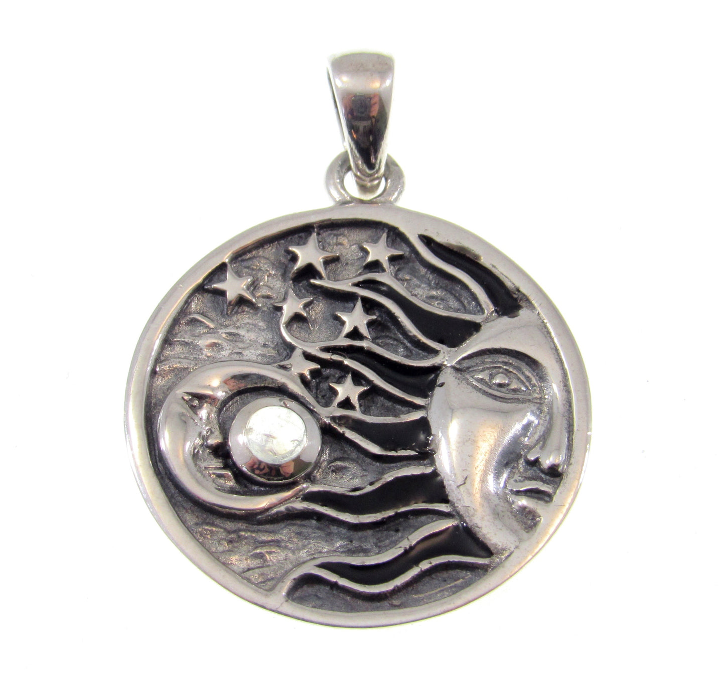 Solid 925 Sterling Silver Sun, Crescent Moon, & 7 Stars Pendant With Genuine Gemstone, Choose Amethyst, Garnet, Moonstone, Blue Topaz