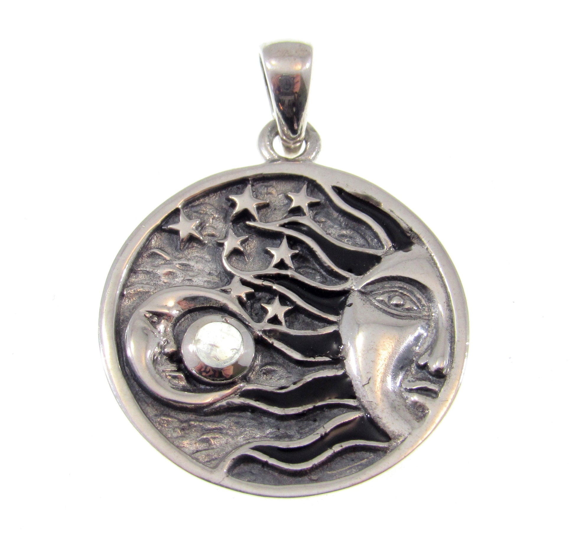 Solid 925 Sterling Silver Celestial Sun Moon Stars Pendant – Crescent Moon with Gemstone