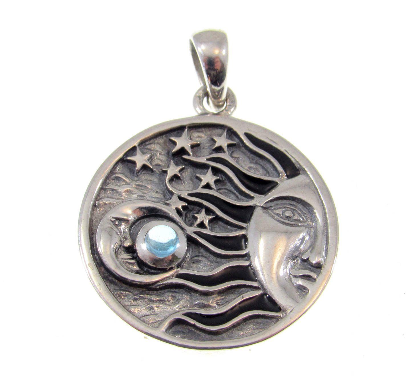 Solid 925 Sterling Silver Sun, Crescent Moon, & 7 Stars Pendant With Genuine Gemstone, Choose Amethyst, Garnet, Moonstone, Blue Topaz