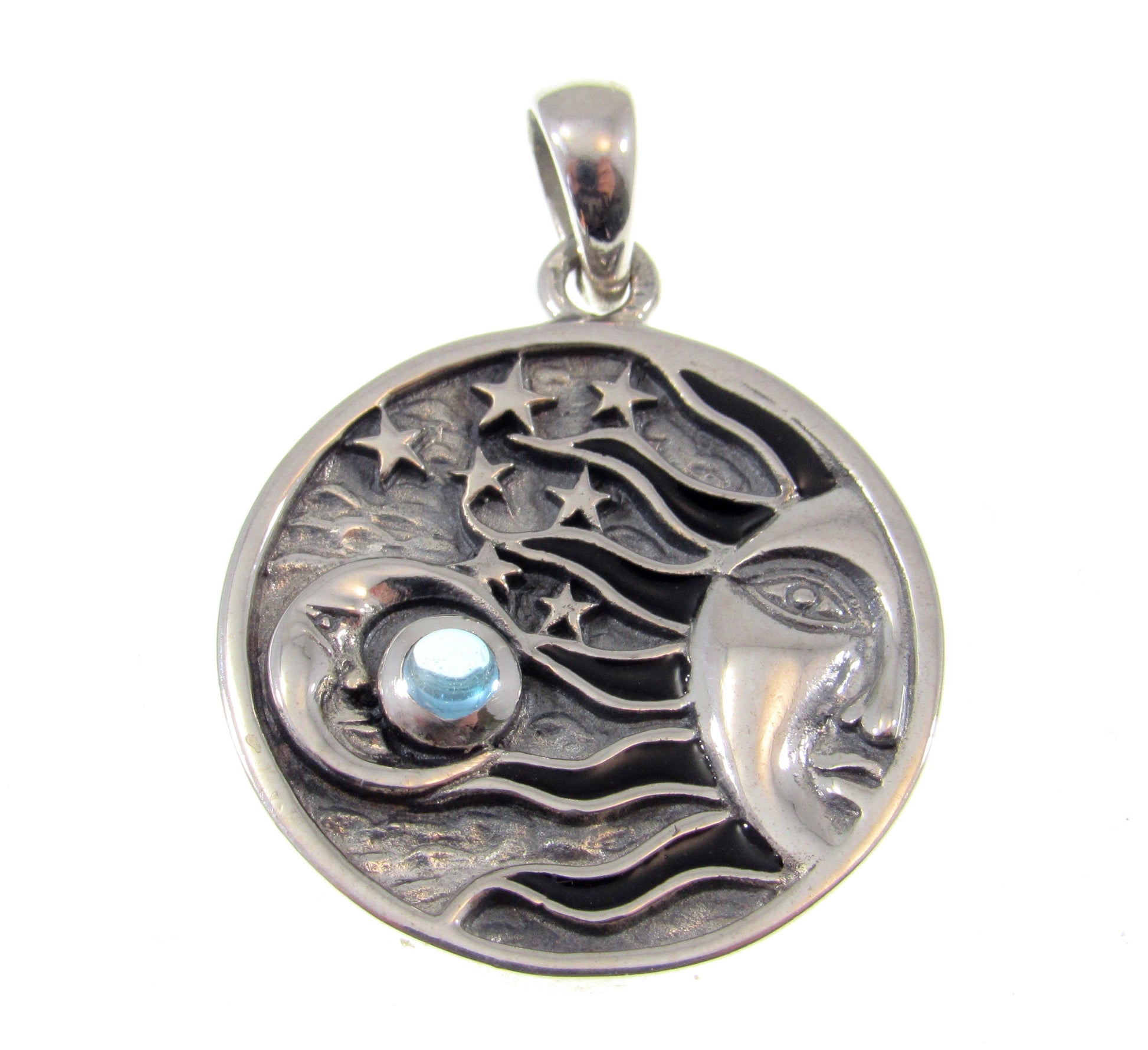 Solid 925 Sterling Silver Celestial Sun Moon Stars Pendant – Crescent Moon with Gemstone