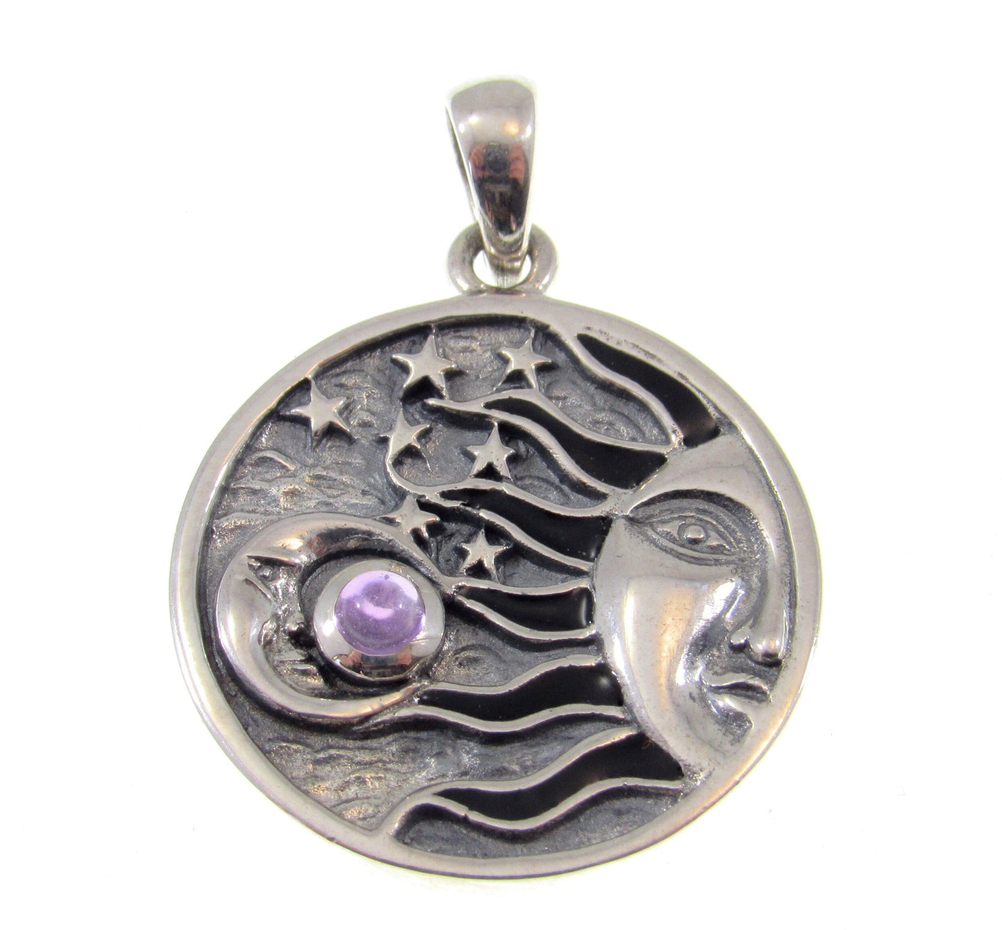 Solid 925 Sterling Silver Sun, Crescent Moon, & 7 Stars Pendant With Genuine Gemstone, Choose Amethyst, Garnet, Moonstone, Blue Topaz
