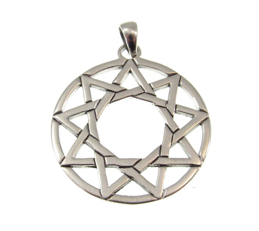 Solid 925 Sterling Silver Enneagram Ninefold Star Pendant, 9 Pointed Religious Pagan Star