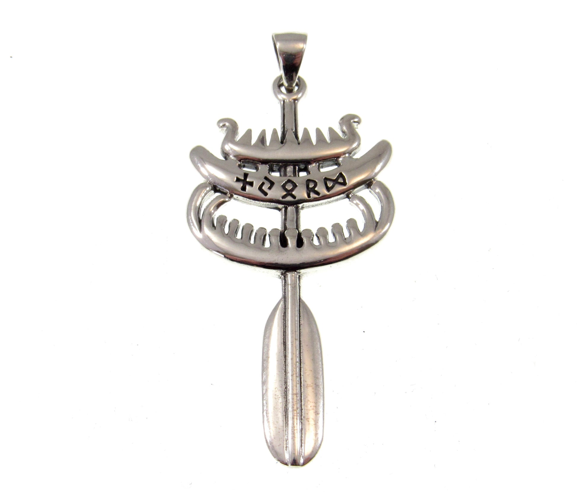 Solid 925 Sterling Silver Njord Viking God of Seafaring Pendant, Longship Vessel & Oar with Runes