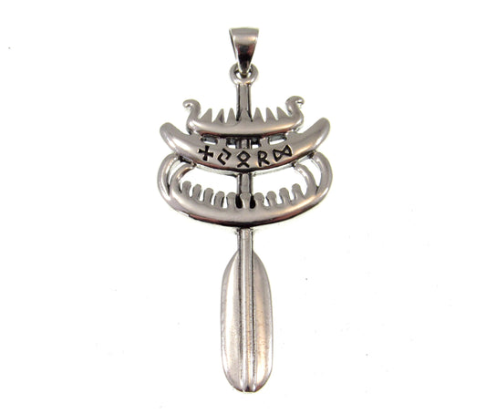 Solid 925 Sterling Silver Njord Viking God of Seafaring Pendant, Longship Vessel & Oar with Runes