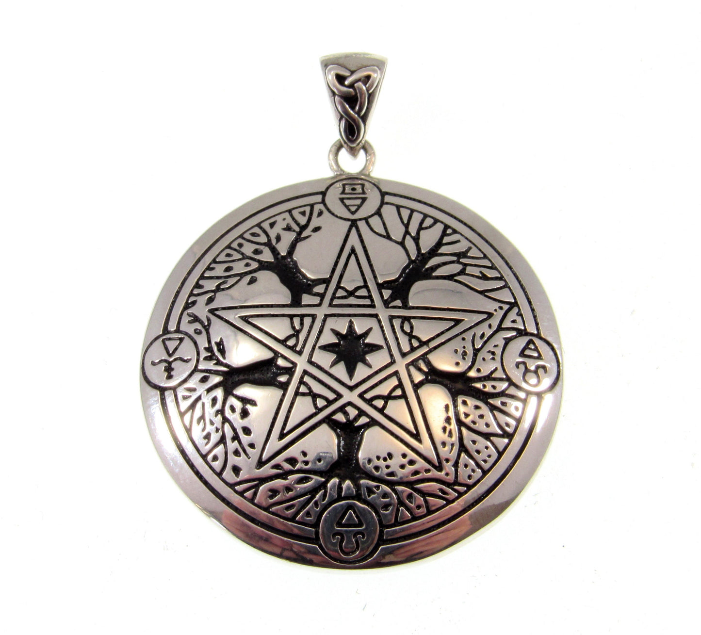 Solid 925 Sterling Silver Eternal Seasons Pentacle Pendant, Four Elements & 4 Seasons Tree of Life Pentagram, Pagan Amulet