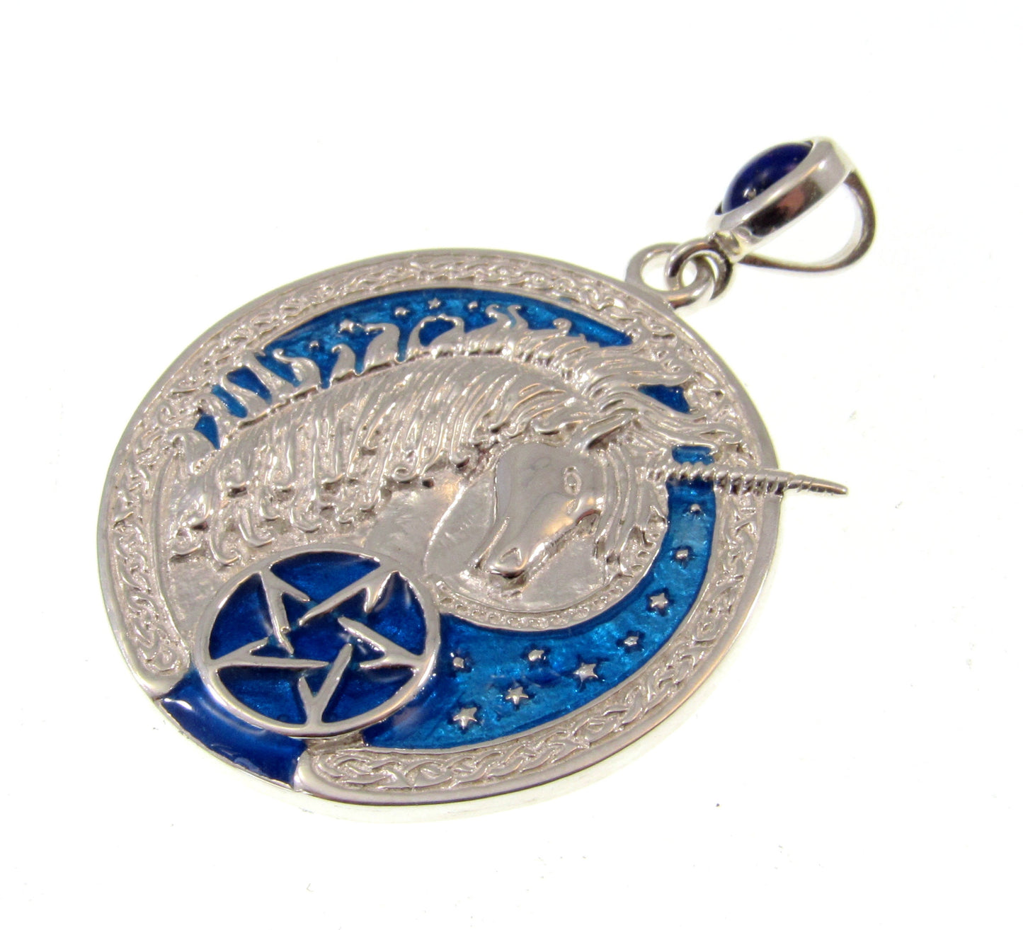 Solid 925 Sterling Silver Celtic Unicorn Pendant, Pagan Pentagram Amulet, Blue Enamel Accents w/ Sapphire Gemstone, Magick Pentacle