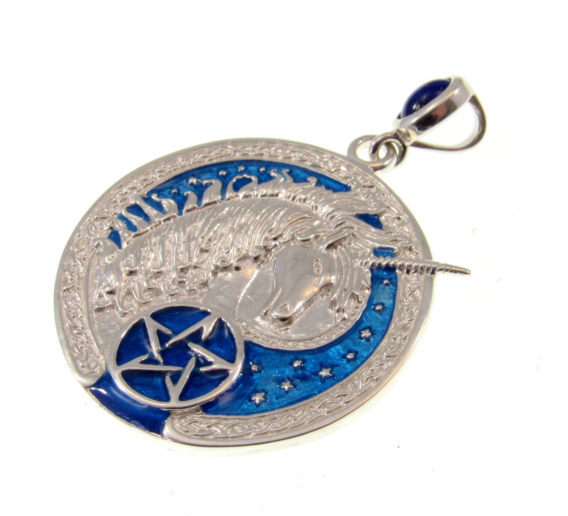 Solid 925 Sterling Silver Celtic Unicorn Pendant, Pagan Pentagram Amulet, Blue Enamel Accents w/ Sapphire Gemstone, Magick Pentacle