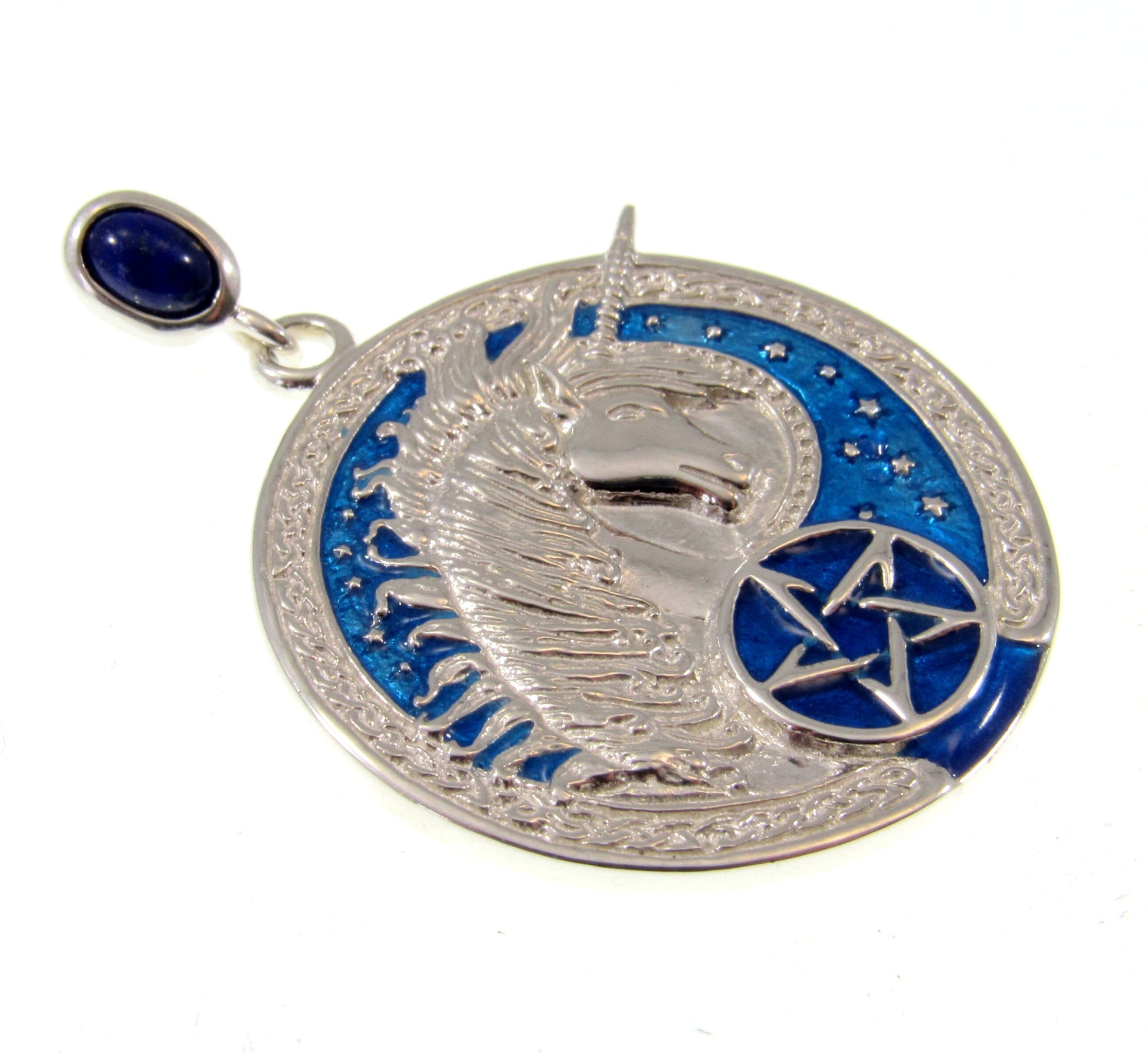 Solid 925 Sterling Silver Celtic Unicorn Pendant, Pagan Pentagram Amulet, Blue Enamel Accents w/ Sapphire Gemstone, Magick Pentacle