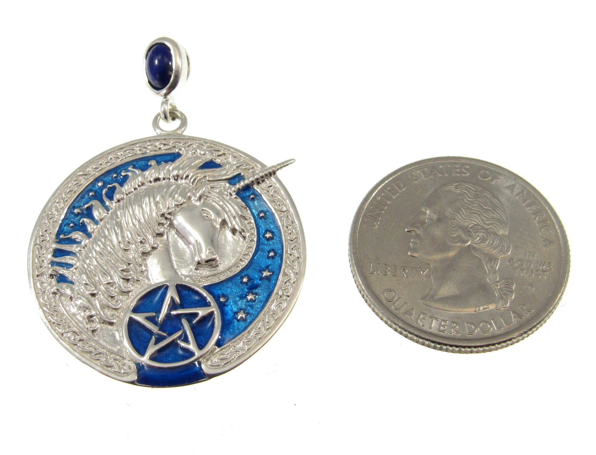 Solid 925 Sterling Silver Celtic Unicorn Pendant, Pagan Pentagram Amulet, Blue Enamel Accents w/ Sapphire Gemstone, Magick Pentacle