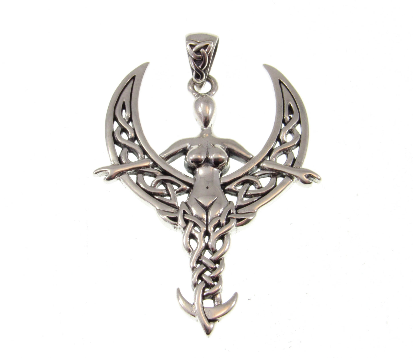 Solid 925 Sterling Silver Celtic Moon Goddess Pendant, Crescent Moon with Celtic Knotwork, Nude Goddess Jewelry