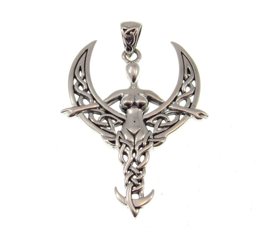 Solid 925 Sterling Silver Celtic Moon Goddess Pendant, Crescent Moon with Celtic Knotwork, Nude Goddess Jewelry