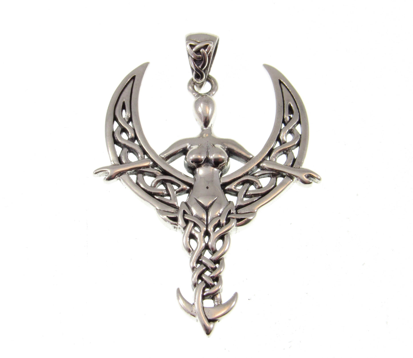 Solid 925 Sterling Silver Celtic Moon Goddess Pendant, Crescent Moon with Celtic Knotwork, Nude Goddess Jewelry