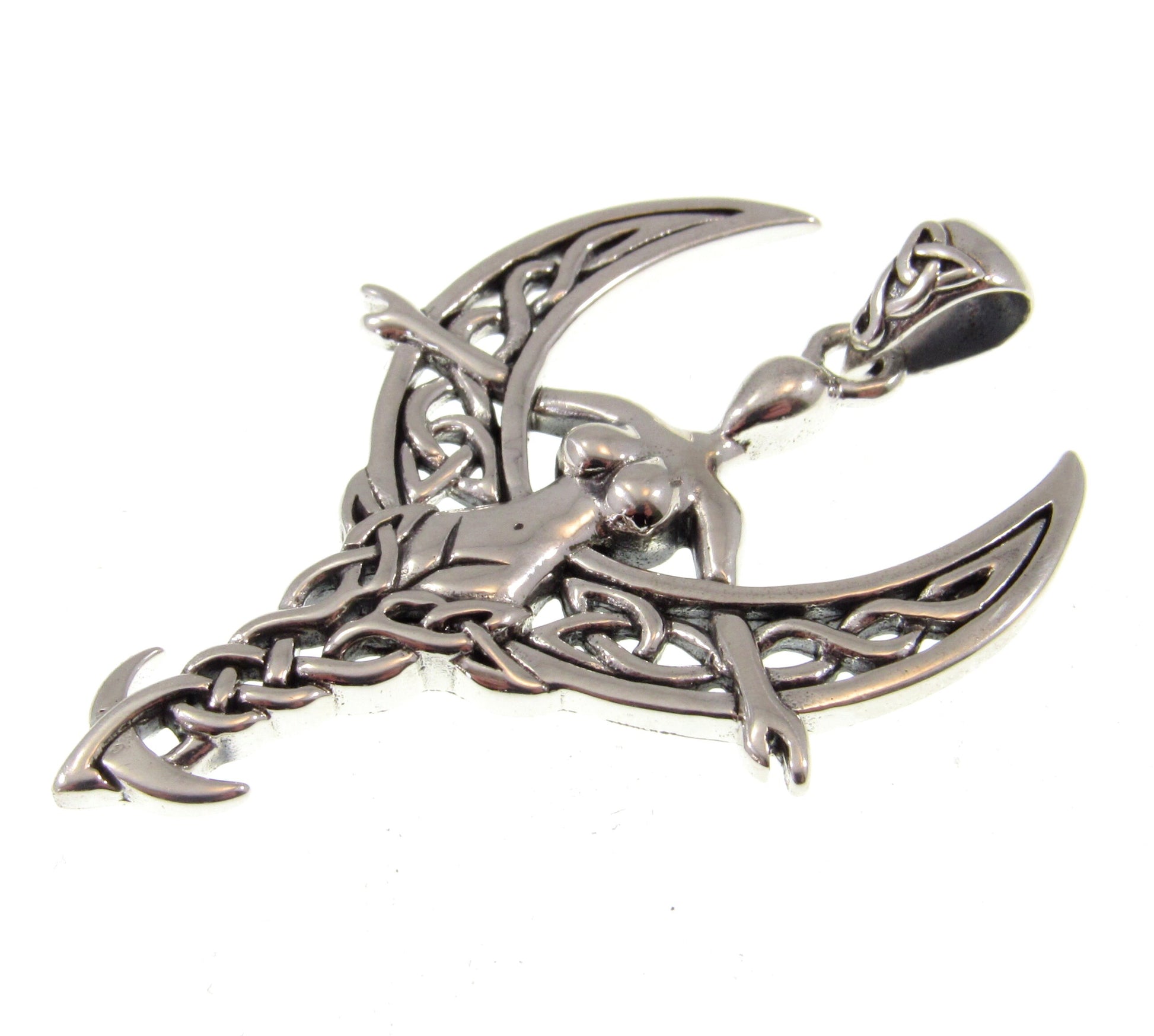 Solid 925 Sterling Silver Celtic Moon Goddess Pendant, Crescent Moon with Celtic Knotwork, Nude Goddess Jewelry