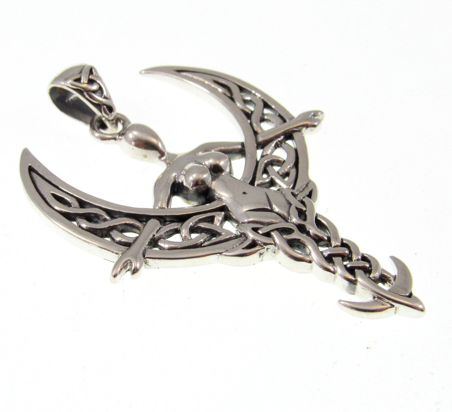 Solid 925 Sterling Silver Celtic Moon Goddess Pendant, Crescent Moon with Celtic Knotwork, Nude Goddess Jewelry