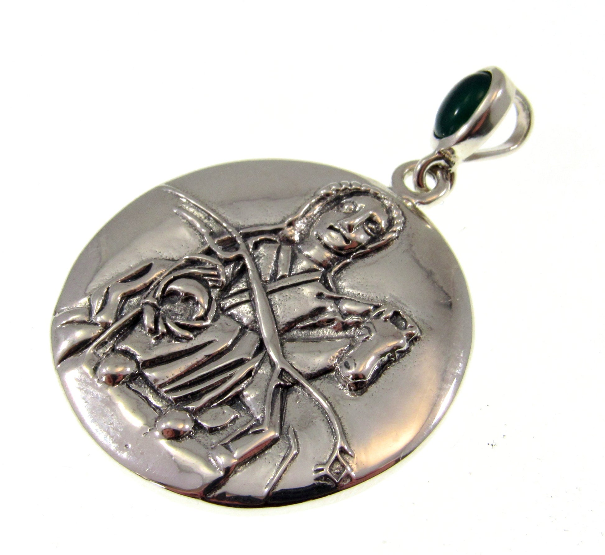 Solid 925 Sterling Silver Epona The Celtic Horse Goddess Pendant, Rhiannon Amulet with Emerald Glass Bale