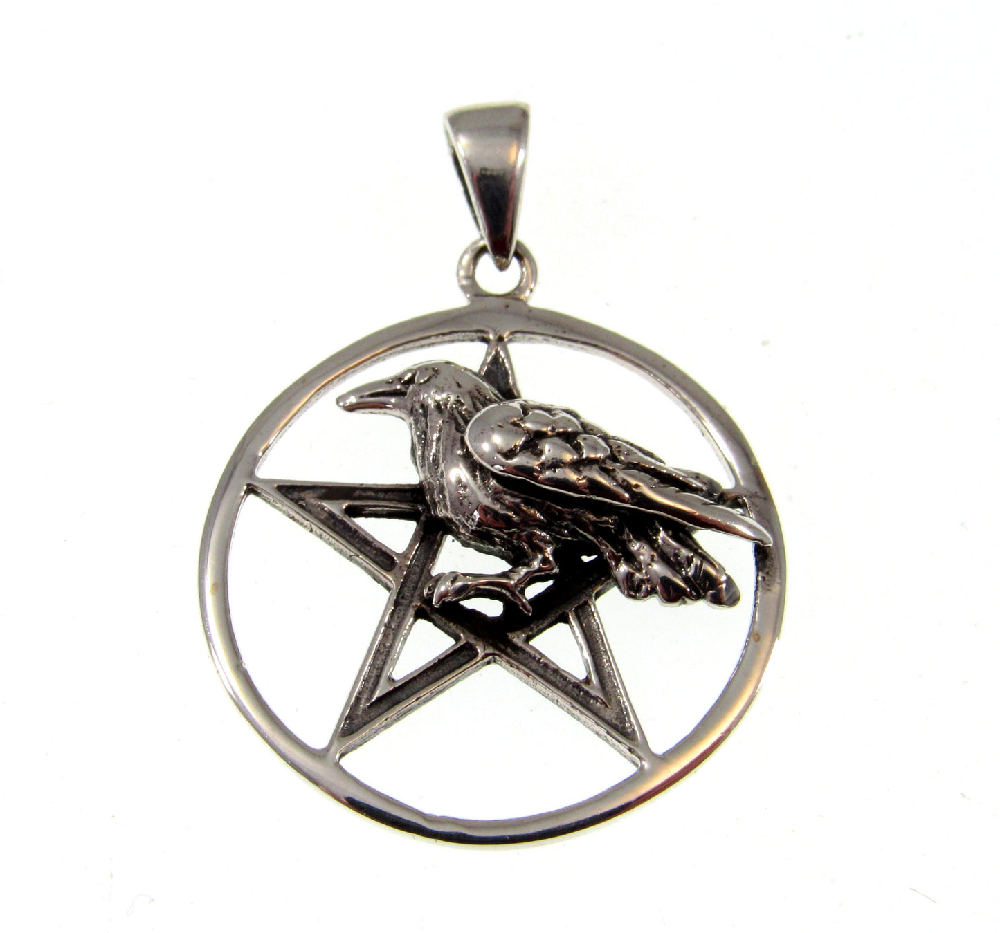 Solid 925 Sterling Silver Raven Pentagram Pendant - Gothic Crow Charm, Wiccan Protection Amulet, Pagan Witchcraft Jewelry, Occult Talisman