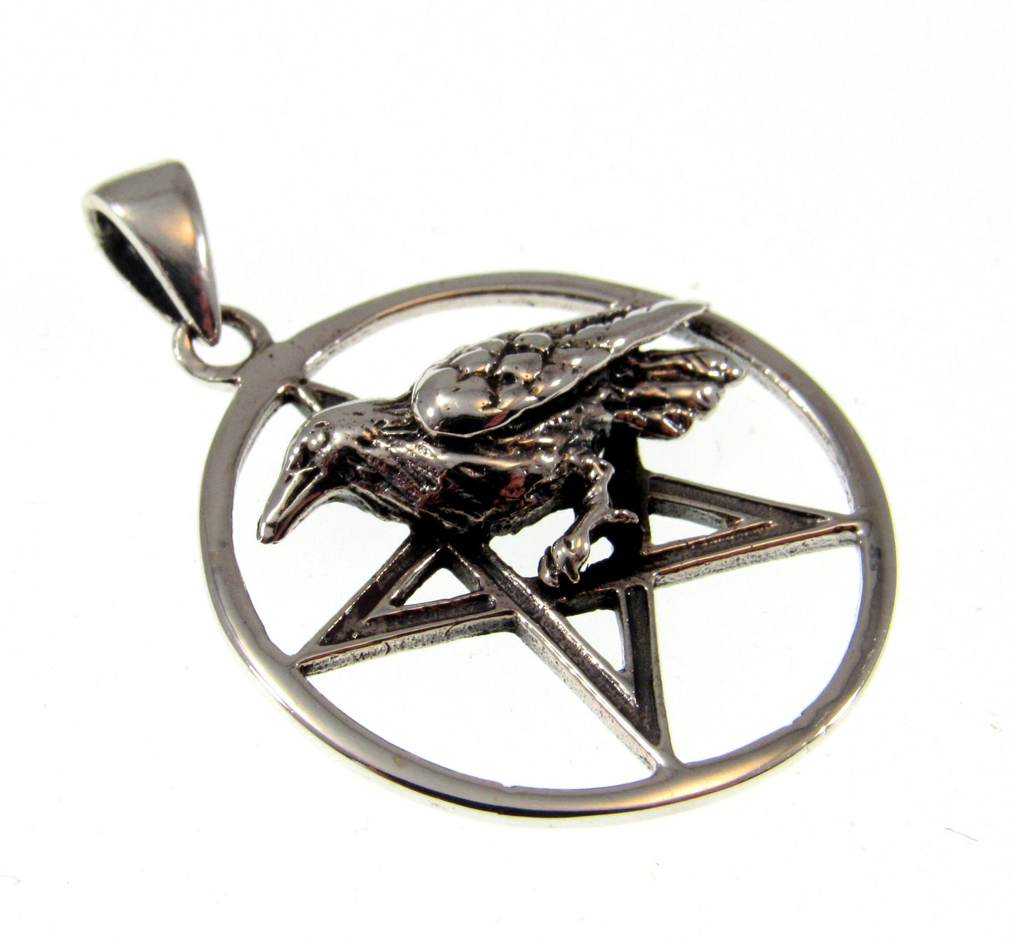 Solid 925 Sterling Silver Raven Pentagram Pendant - Gothic Crow Charm, Wiccan Protection Amulet, Pagan Witchcraft Jewelry, Occult Talisman