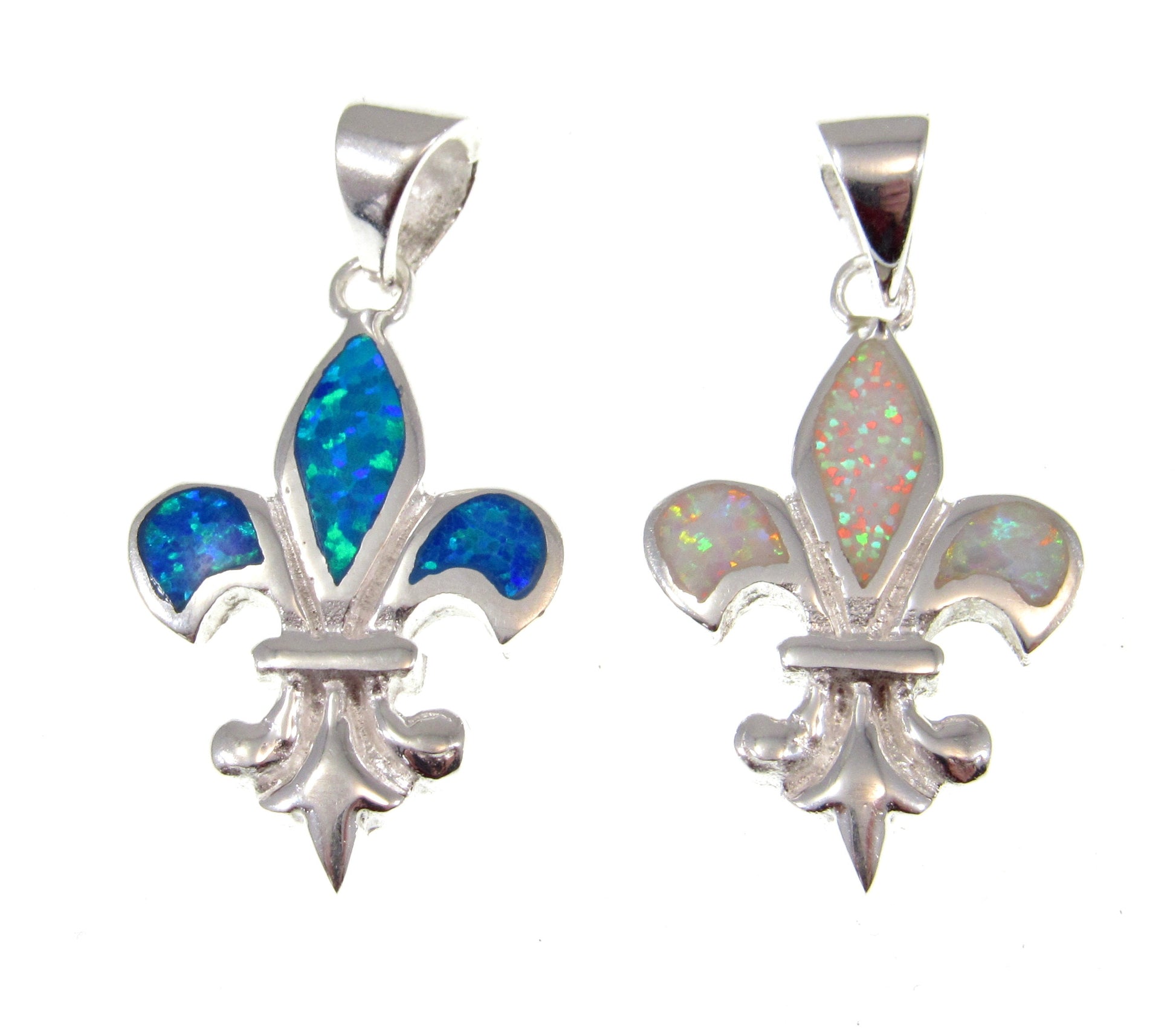 Solid 925 Sterling Silver Fleur De Lis (Flower of the lily) Pendant With Inlaid Lab Created Blue or White Opal Gemstones