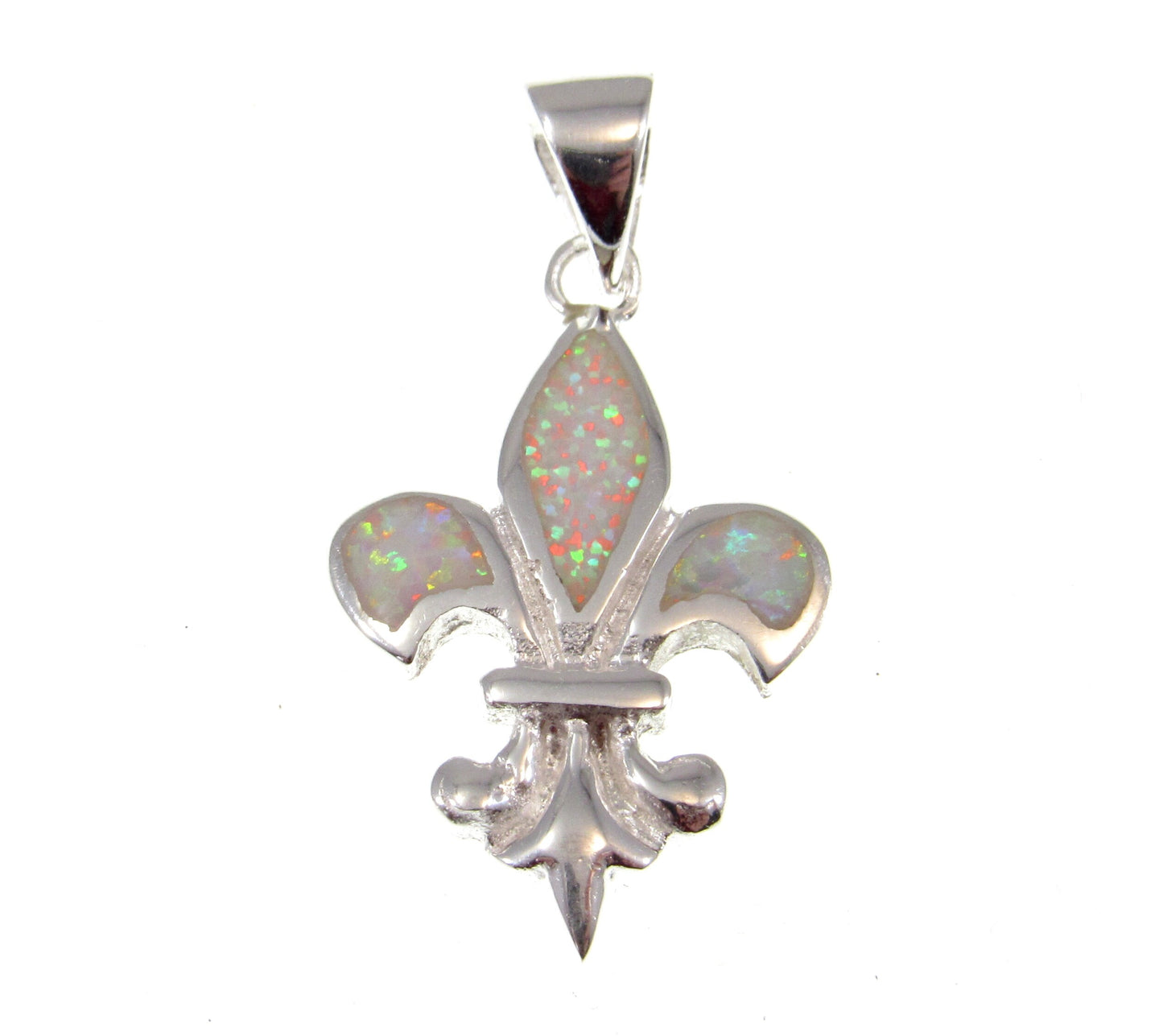 Solid 925 Sterling Silver Fleur De Lis (Flower of the lily) Pendant With Inlaid Lab Created Blue or White Opal Gemstones