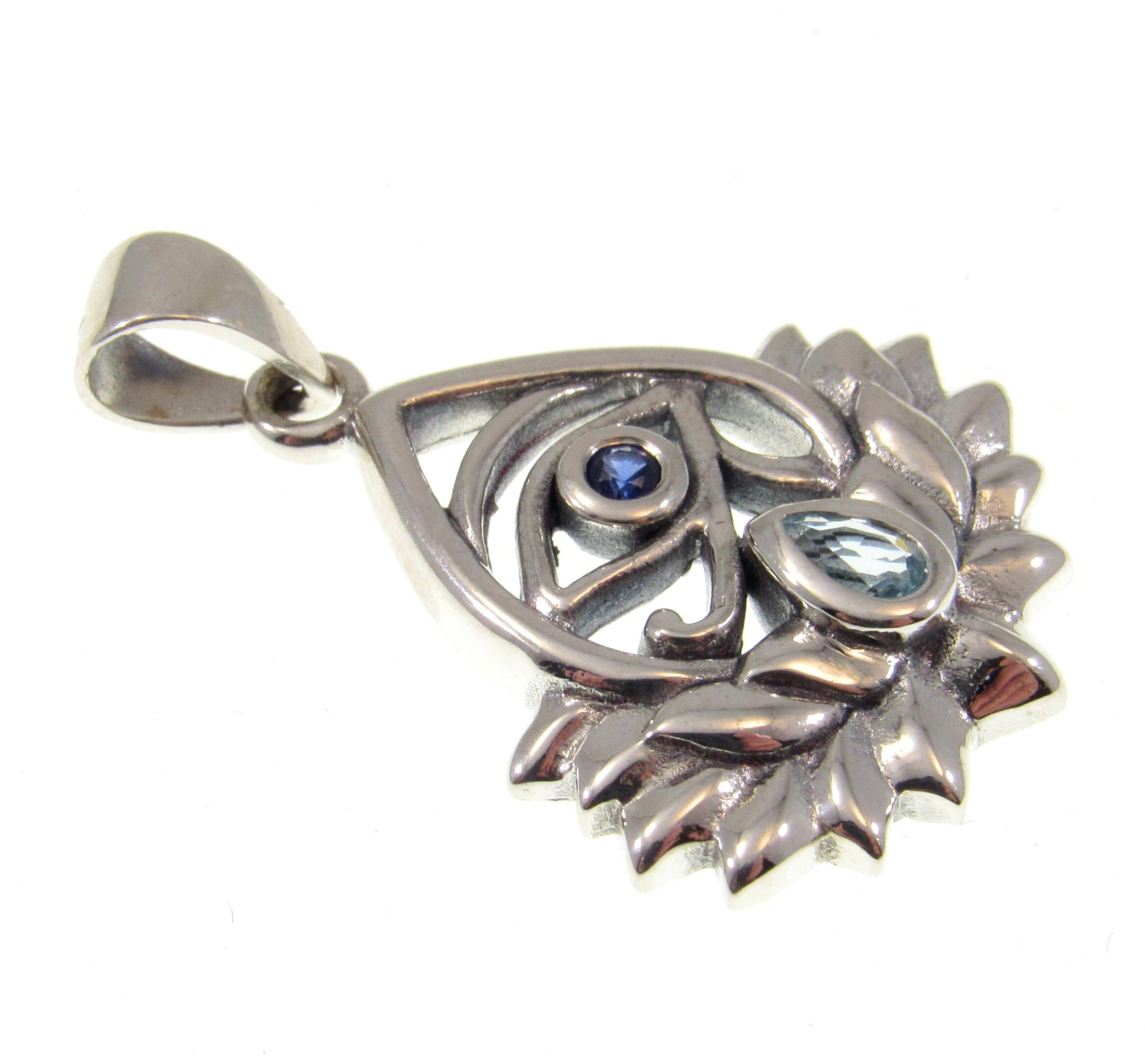 Solid 925 Sterling Silver Eye of Horus Lotus Flower Pendant With Genuine Blue Topaz and Synthetic Sapphire Gemstones