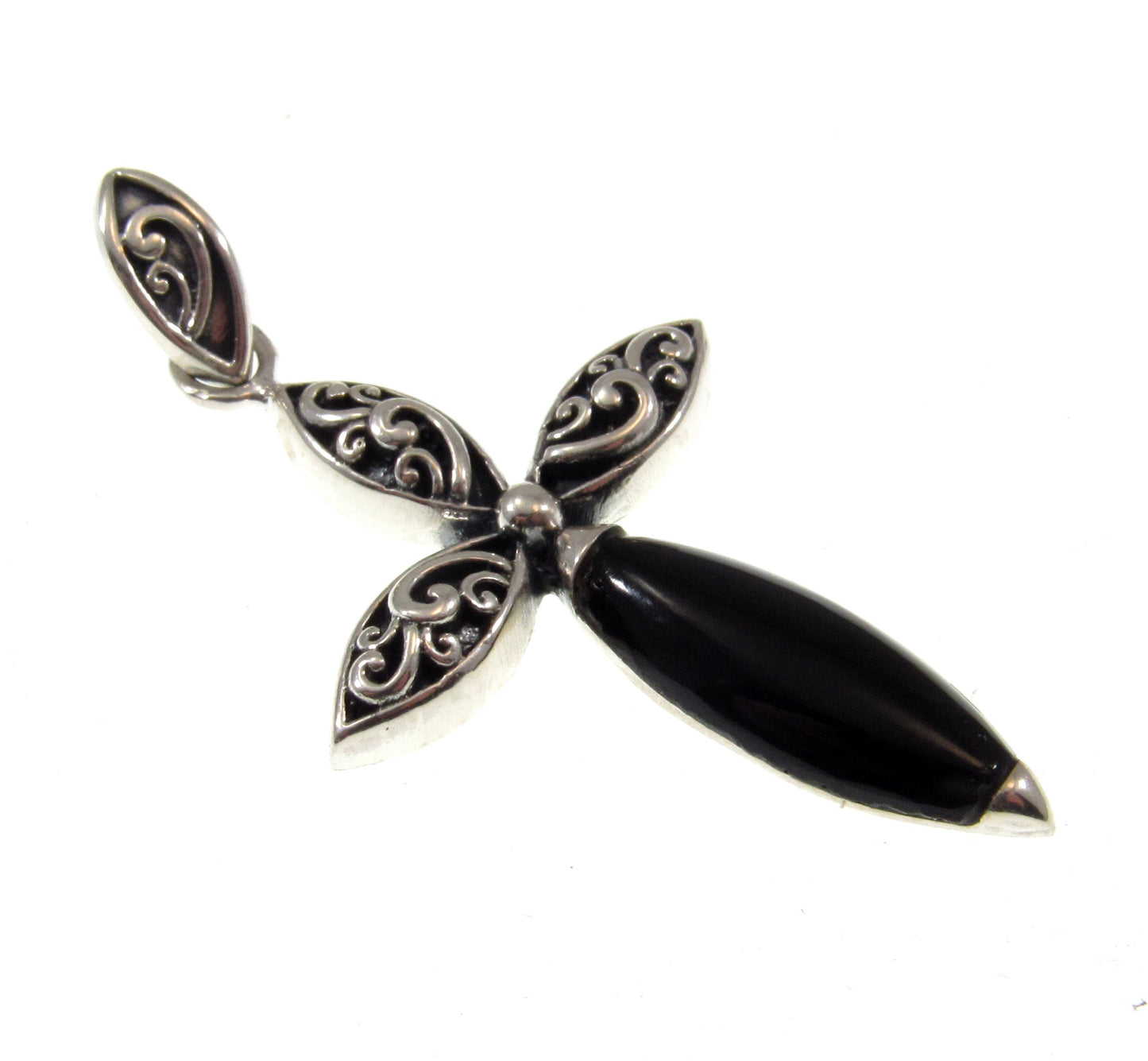 Solid 925 Sterling Silver & Genuine Black Onyx Filigree Cross Pendant