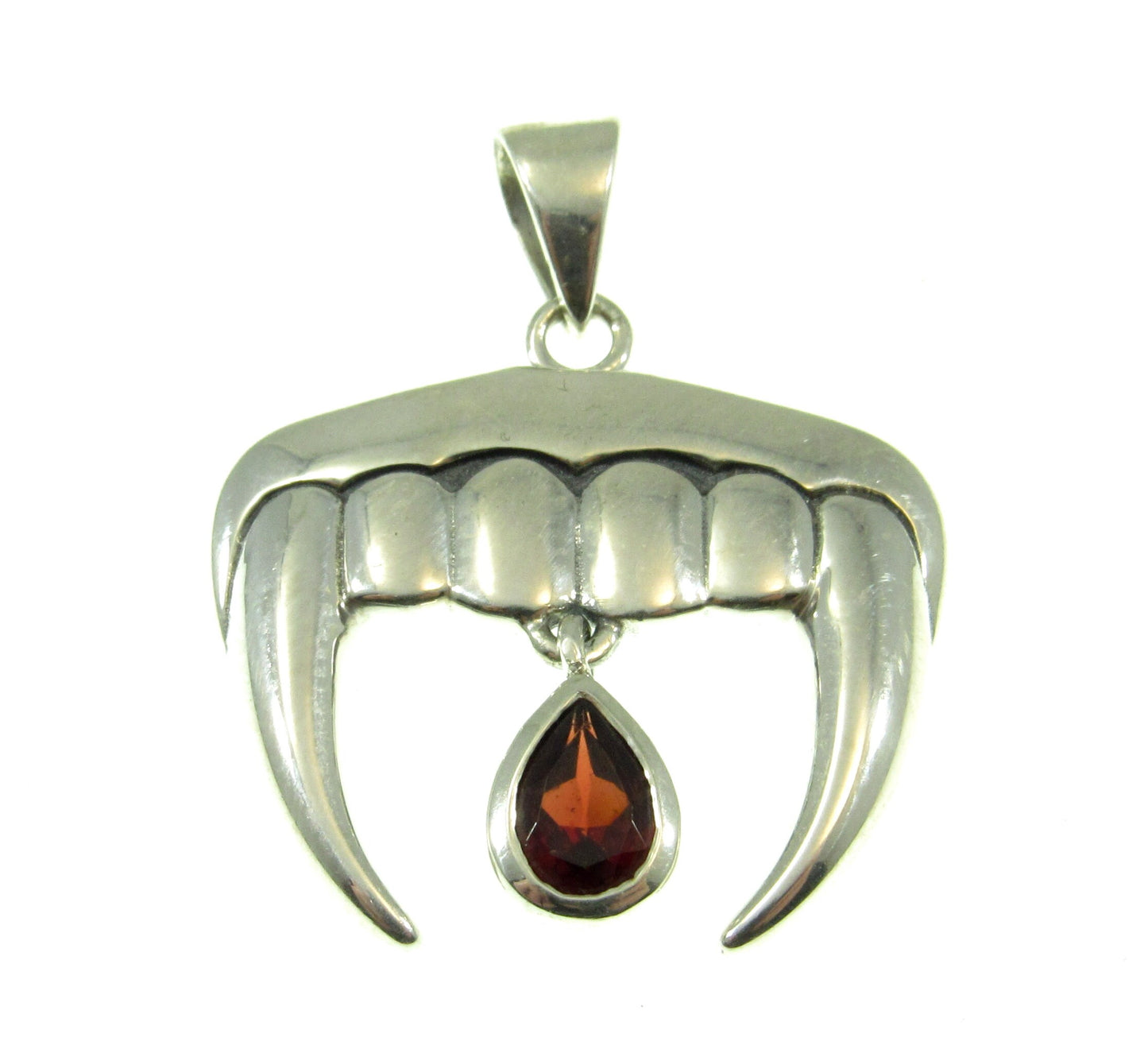 Solid 925 Sterling Silver Vampire Teeth and Blood Drop Pendant with Genuine Garnet Gemstone