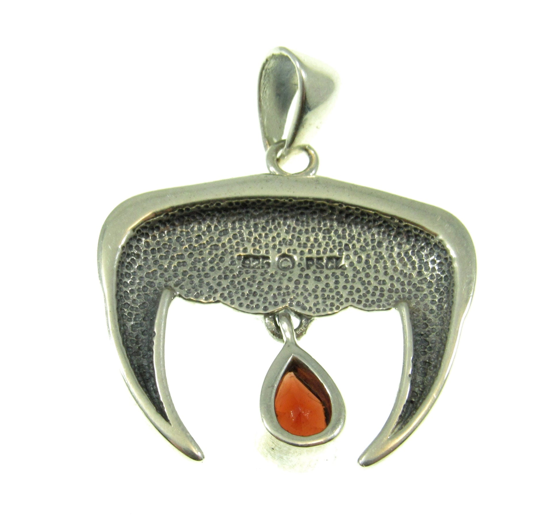 Solid 925 Sterling Silver Vampire Teeth and Blood Drop Pendant with Genuine Garnet Gemstone