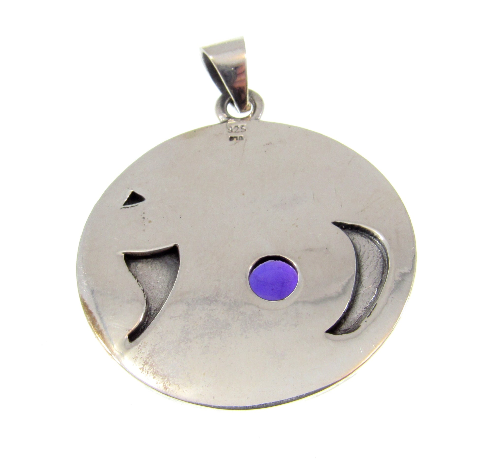 Solid 925 Sterling Silver Large Sun, Moon, & Stars Pendant With Genuine Gemstone Cabochon, Celestial Amulet