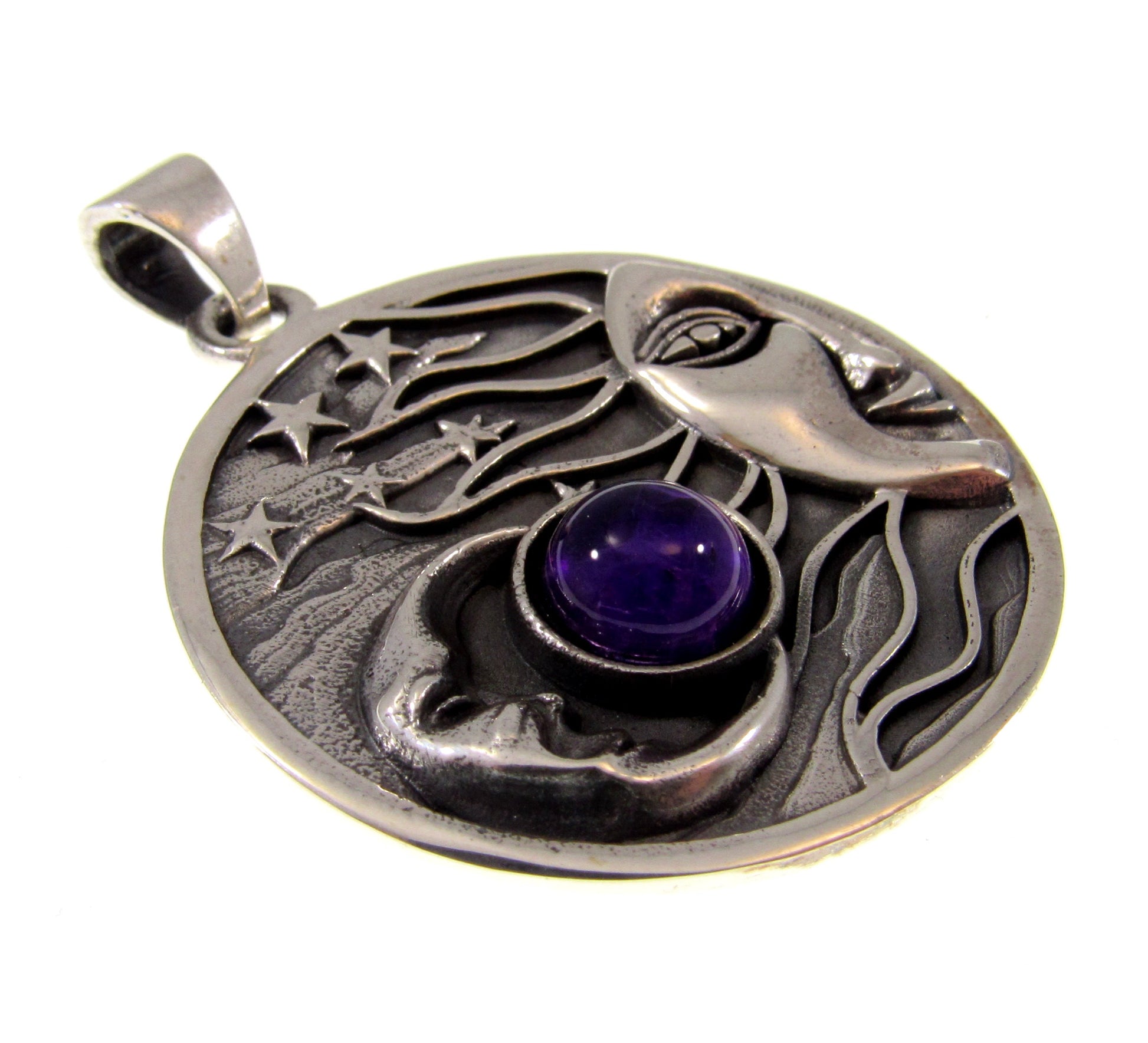 Solid 925 Sterling Silver Large Sun, Moon, & Stars Pendant With Genuine Gemstone Cabochon, Celestial Amulet