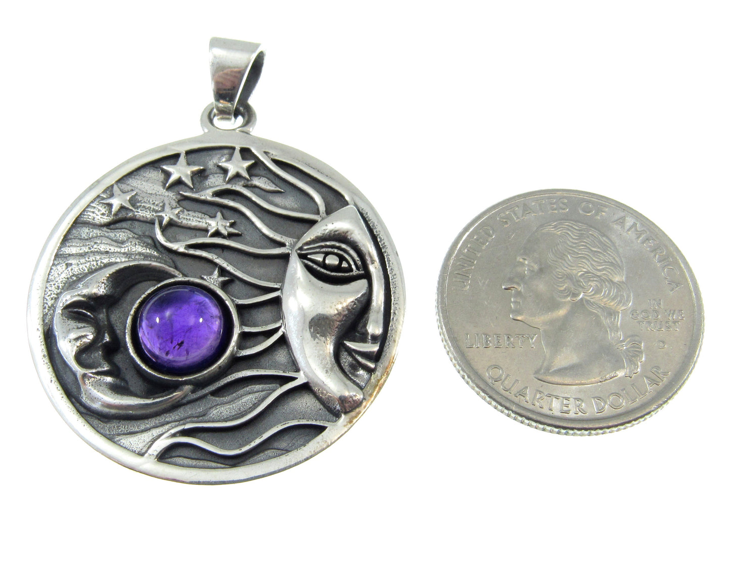 Solid 925 Sterling Silver Large Sun, Moon, & Stars Pendant With Genuine Gemstone Cabochon, Celestial Amulet
