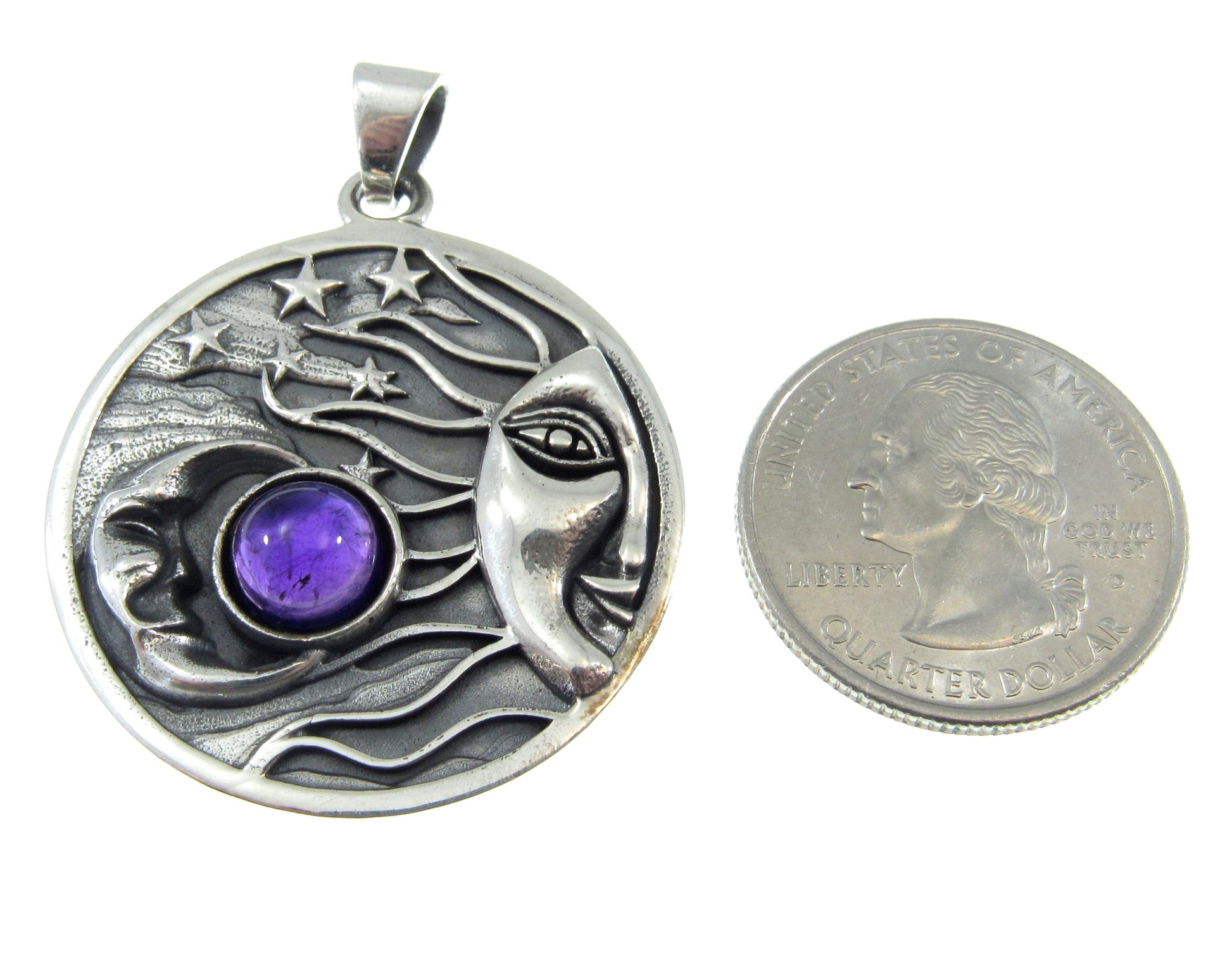 Solid 925 Sterling Silver Large Sun, Moon, & Stars Pendant With Genuine Gemstone Cabochon, Celestial Amulet