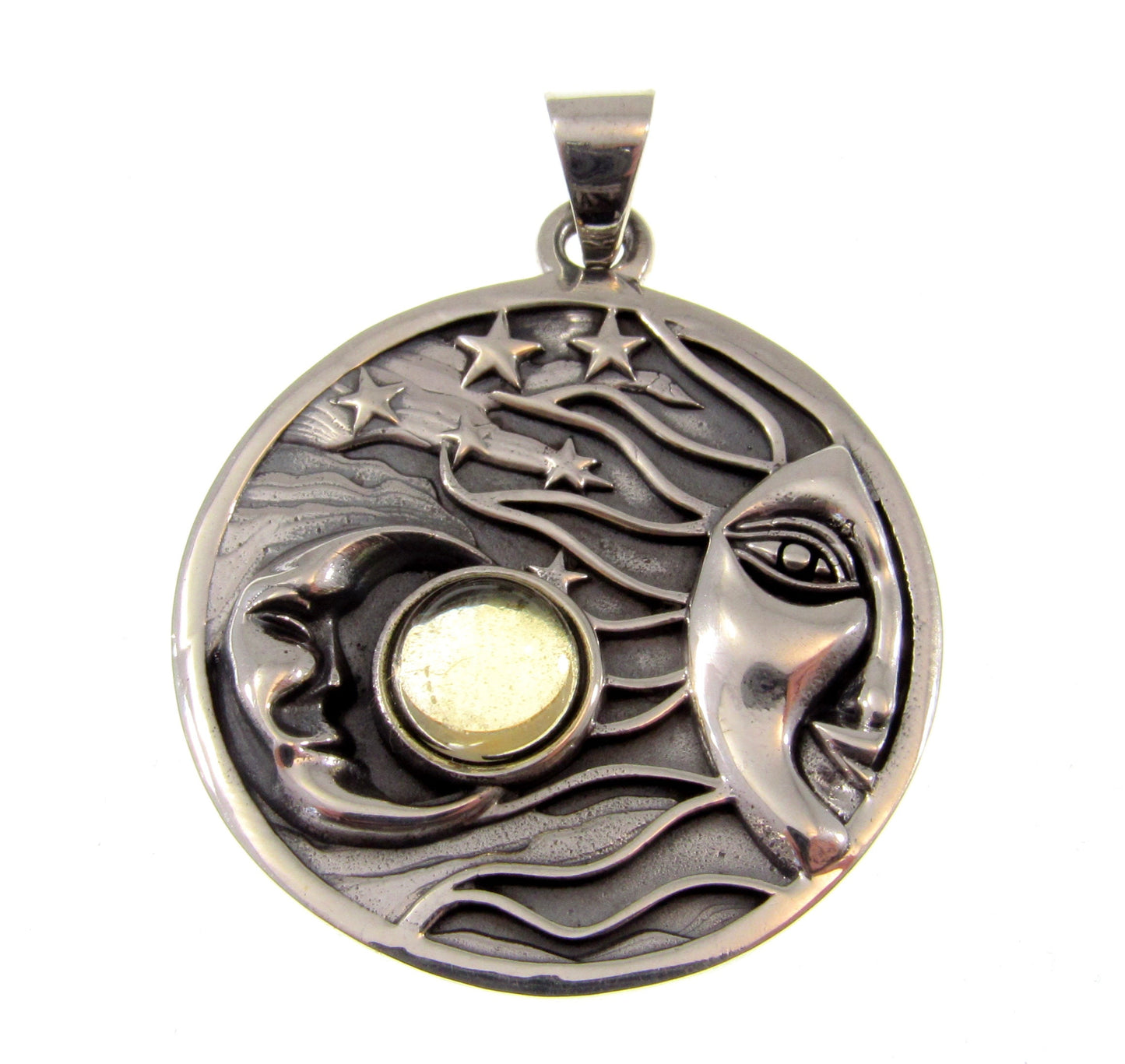 Solid 925 Sterling Silver Large Sun, Moon, & Stars Pendant With Genuine Gemstone Cabochon, Celestial Amulet