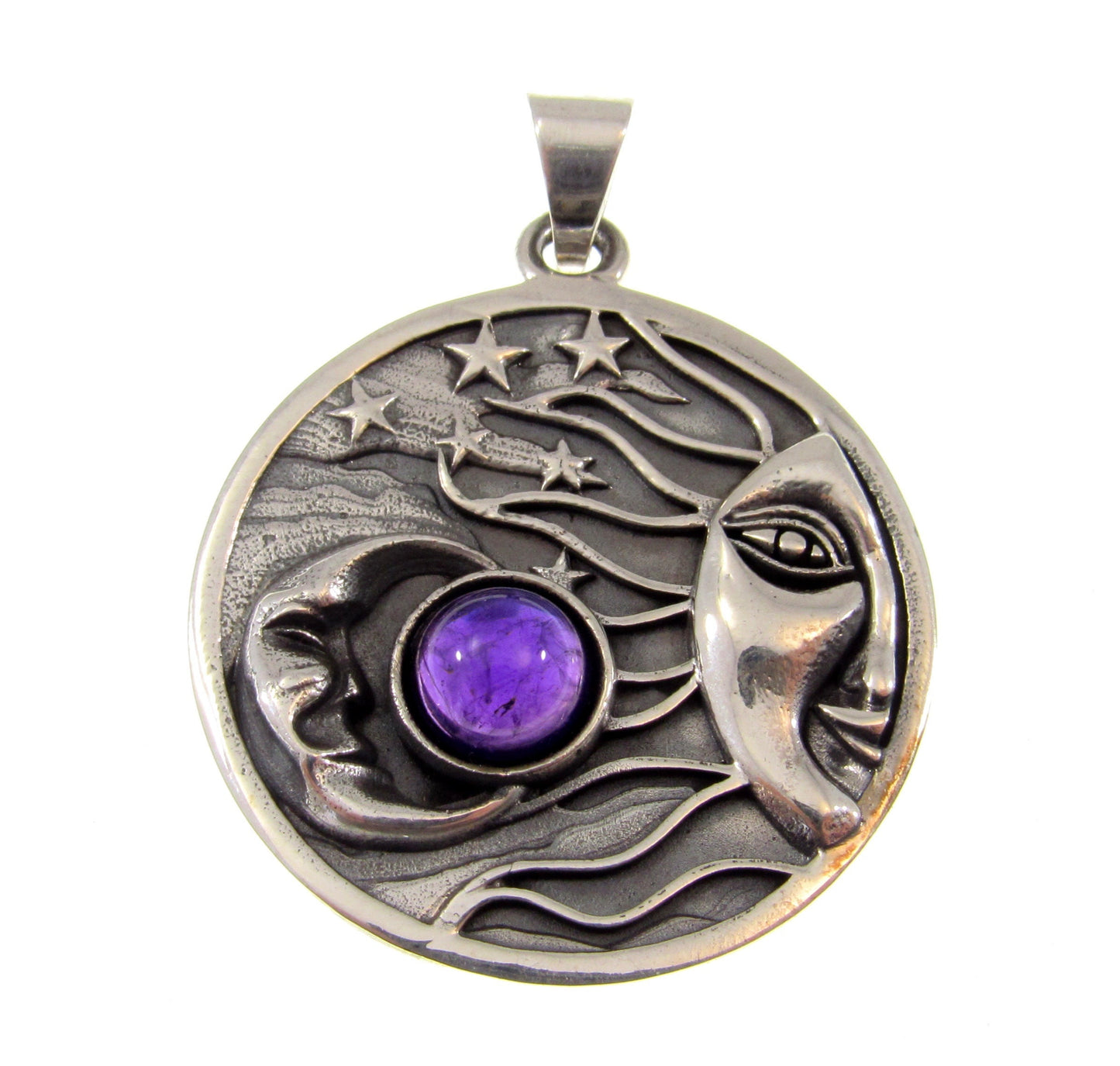 Solid 925 Sterling Silver Large Sun, Moon, & Stars Pendant With Genuine Gemstone Cabochon, Celestial Amulet