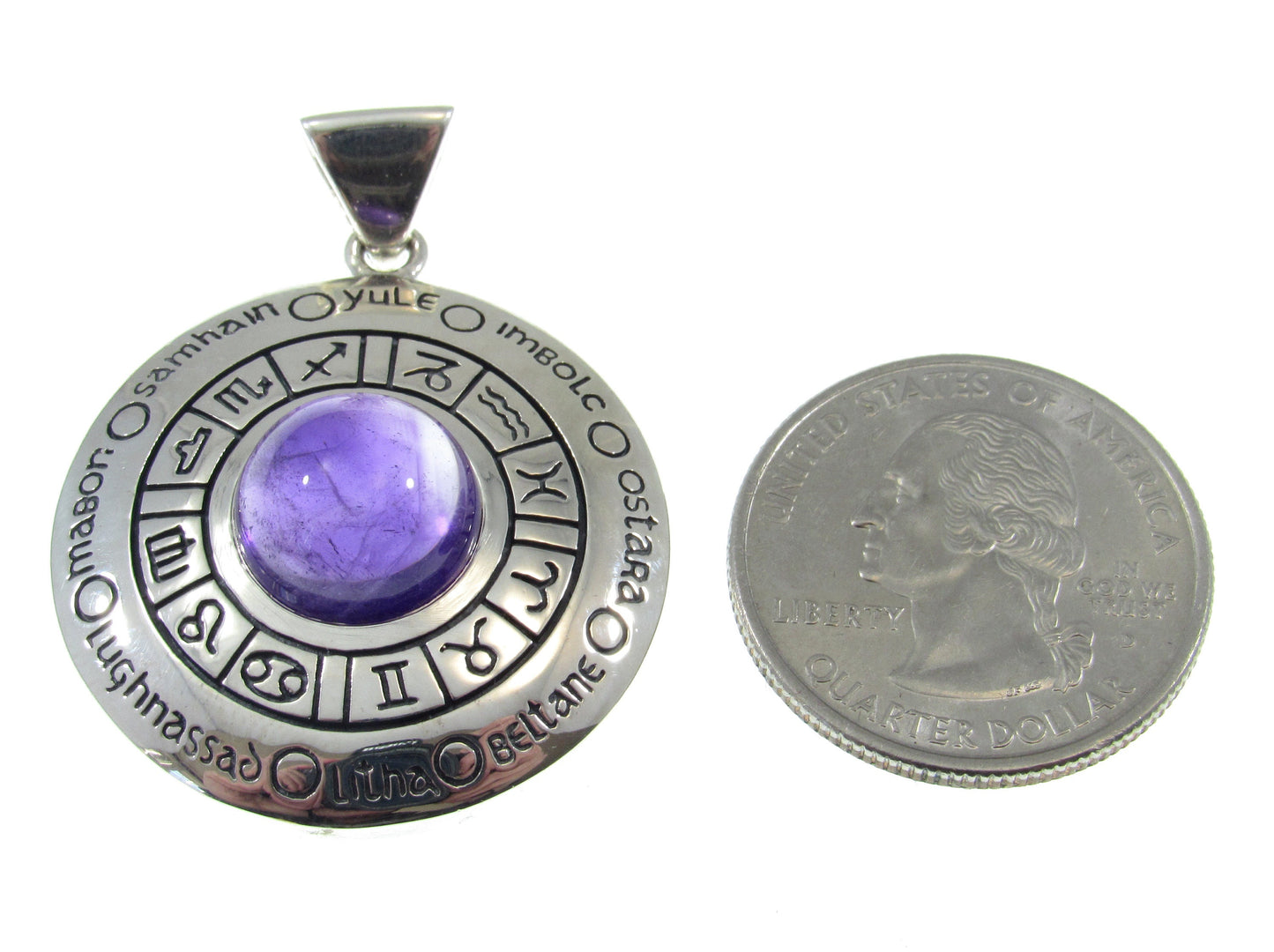 Solid 925 Sterling Silver Wheel of the Year Pendant With Amethyst or Moonstone Gemstones, 12 Zodiac Symbols, Pagan Celebration Amulet
