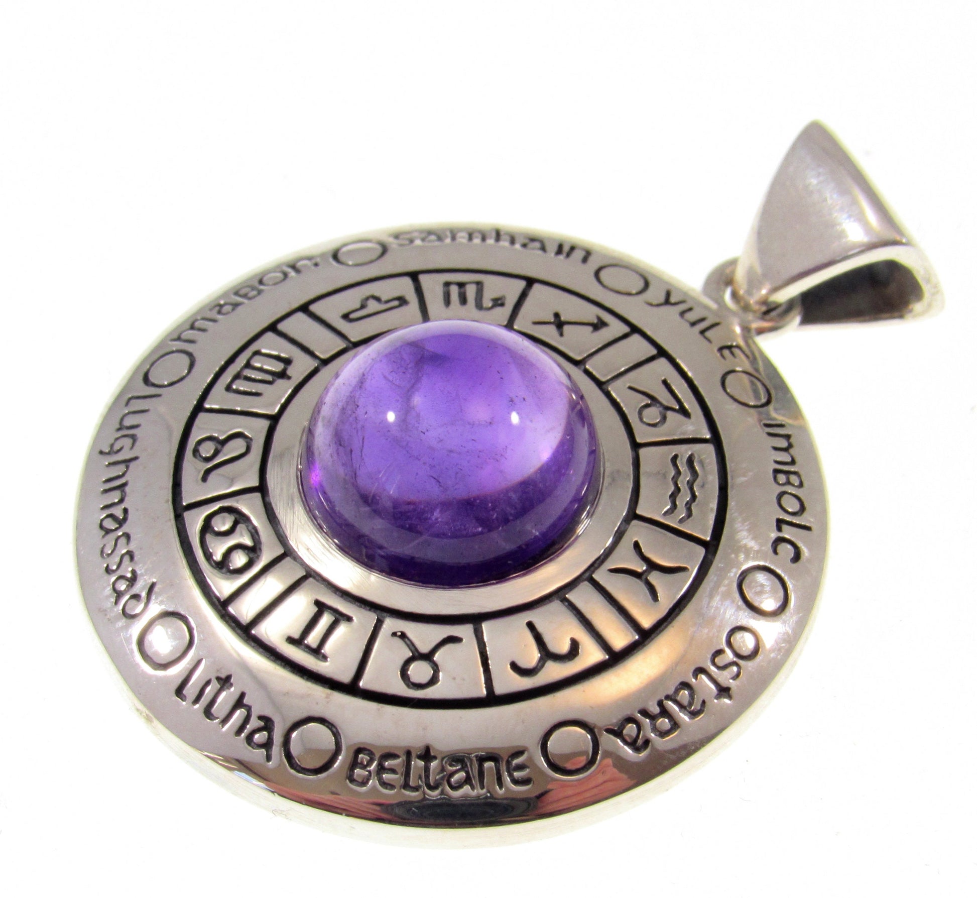 Solid 925 Sterling Silver Wheel of the Year Pendant With Amethyst or Moonstone Gemstones, 12 Zodiac Symbols, Pagan Celebration Amulet