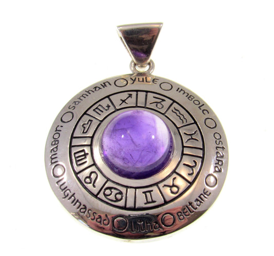 Solid 925 Sterling Silver Wheel of the Year Pendant With Amethyst or Moonstone Gemstones, 12 Zodiac Symbols, Pagan Celebration Amulet