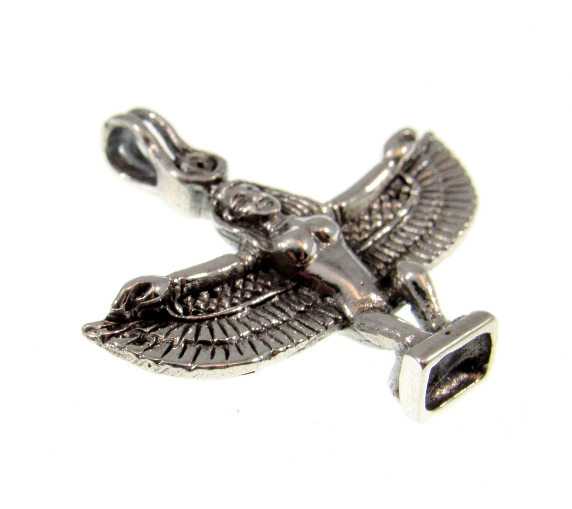 Solid 925 Sterling Silver Egyptian Bird Goddess Pendant, ISIS With Spread Wings Charm