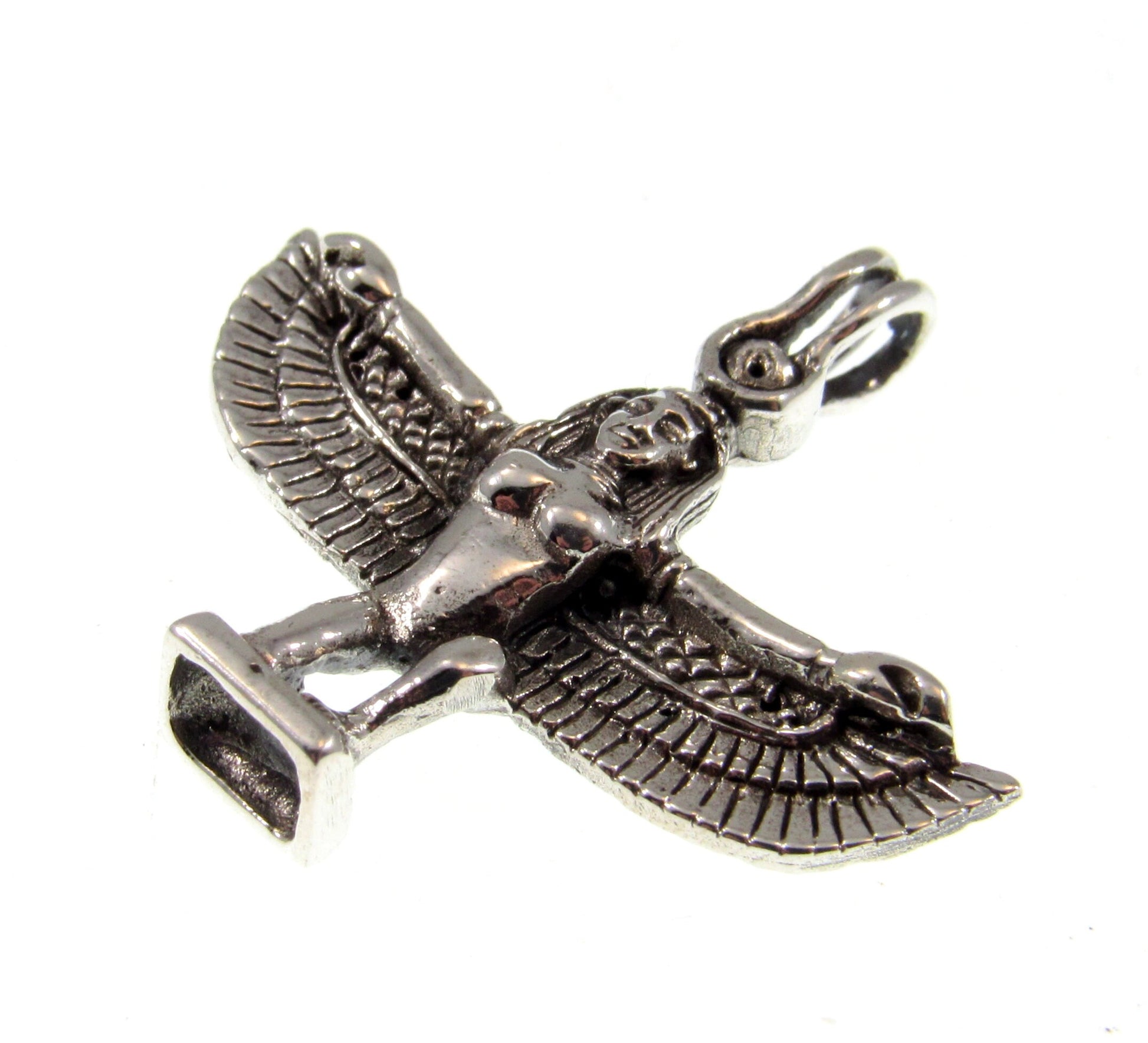 Solid 925 Sterling Silver Egyptian Bird Goddess Pendant, ISIS With Spread Wings Charm