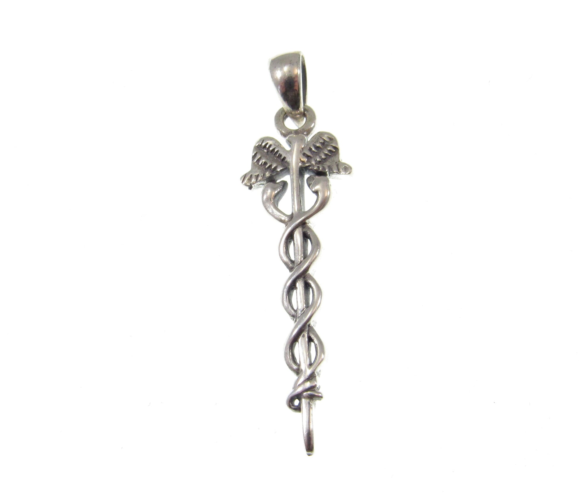 Solid 925 Sterling Silver Caduceus Pendant, Health and Healing Amulet, Healthcare Worker Insignia