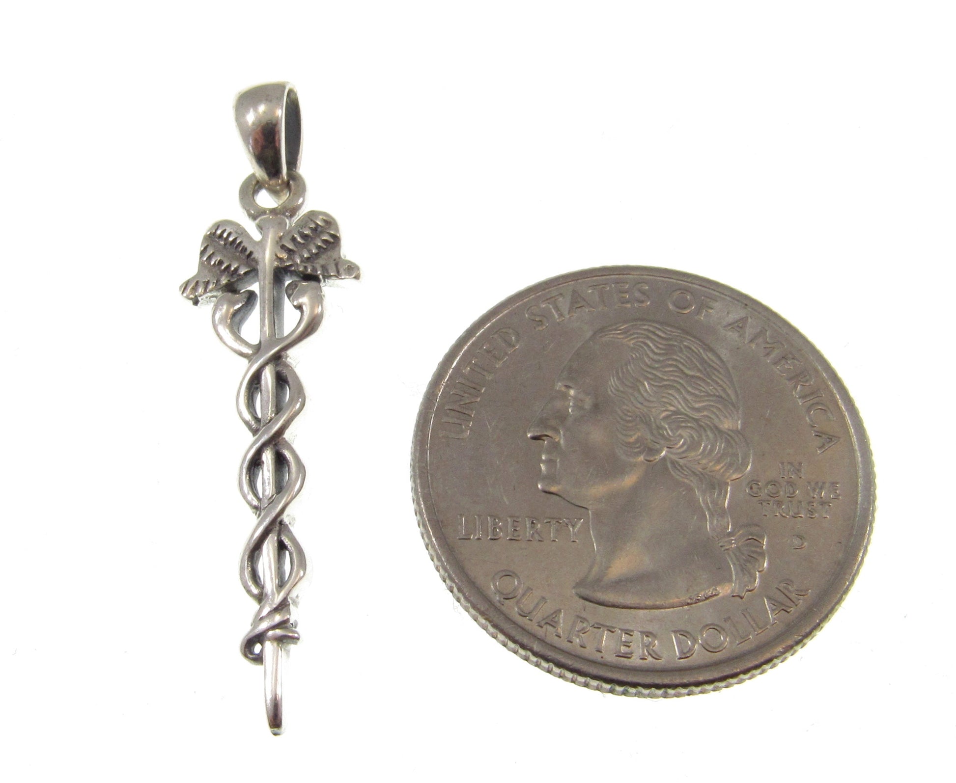 Solid 925 Sterling Silver Caduceus Pendant, Health and Healing Amulet, Healthcare Worker Insignia