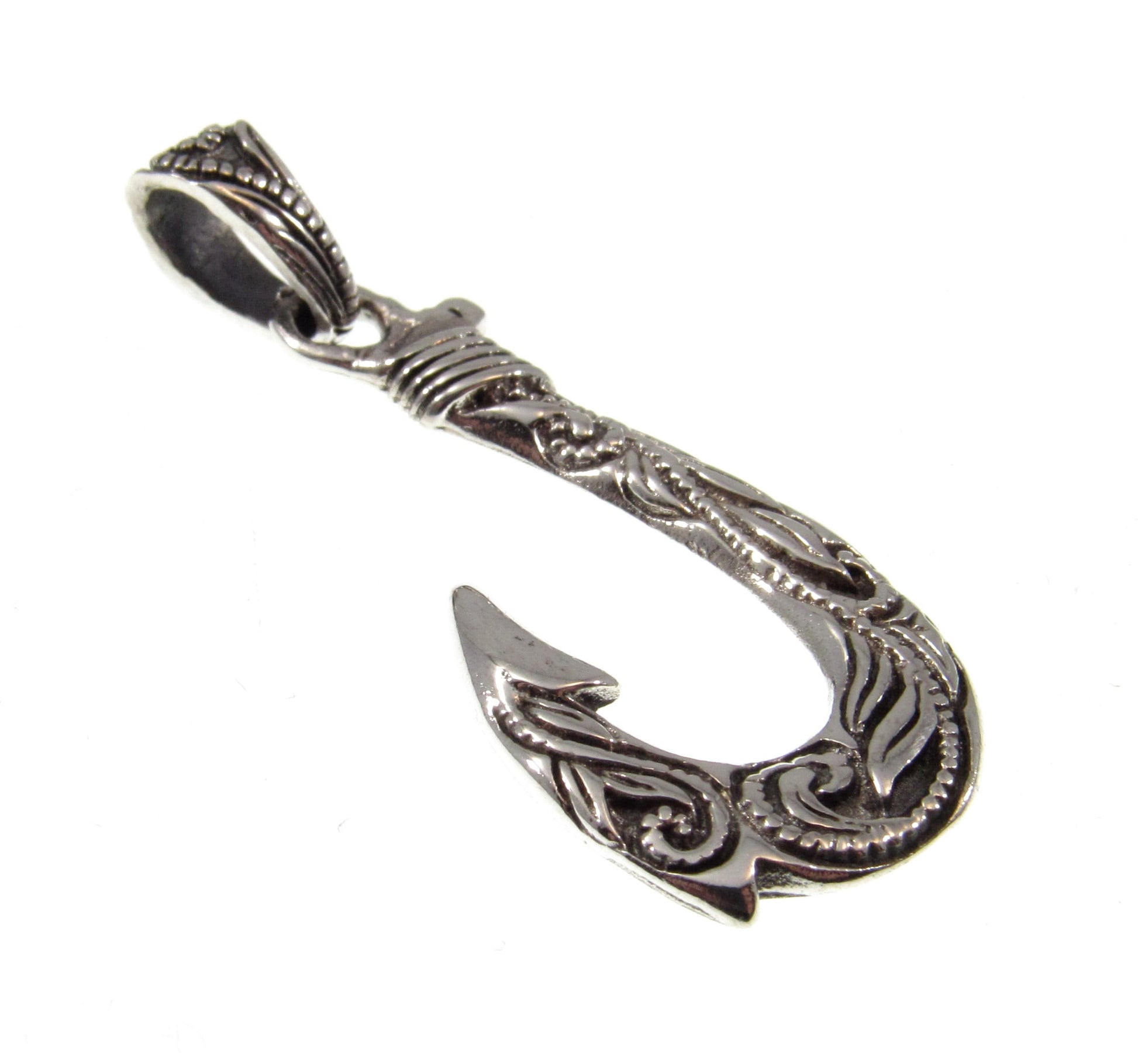 Solid Sterling Silver Hawaiian Fish Hook Pendant - Engraved Polynesian Necklace Pendant, Men's Silver Hook Charm, Nautical Jewelry Gift