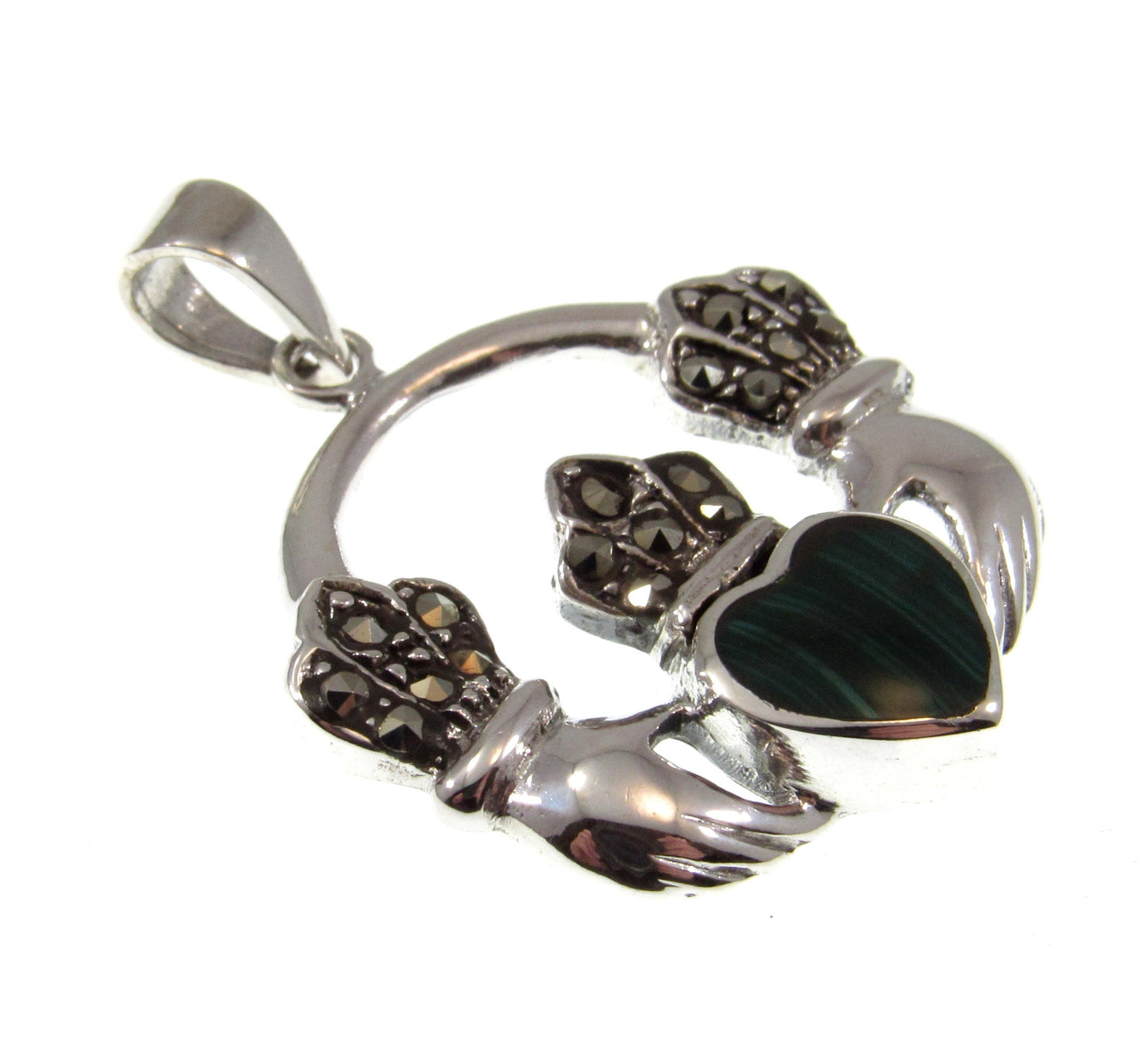 Solid 925 Sterling Silver Celtic Irish CLADDAGH Pendant With Marcasite and Malachite Gemstones