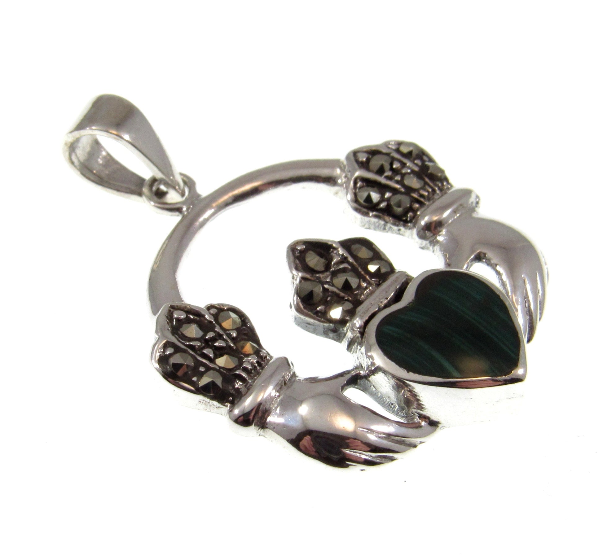 Solid 925 Sterling Silver Celtic Irish CLADDAGH Pendant With Marcasite and Malachite Gemstones