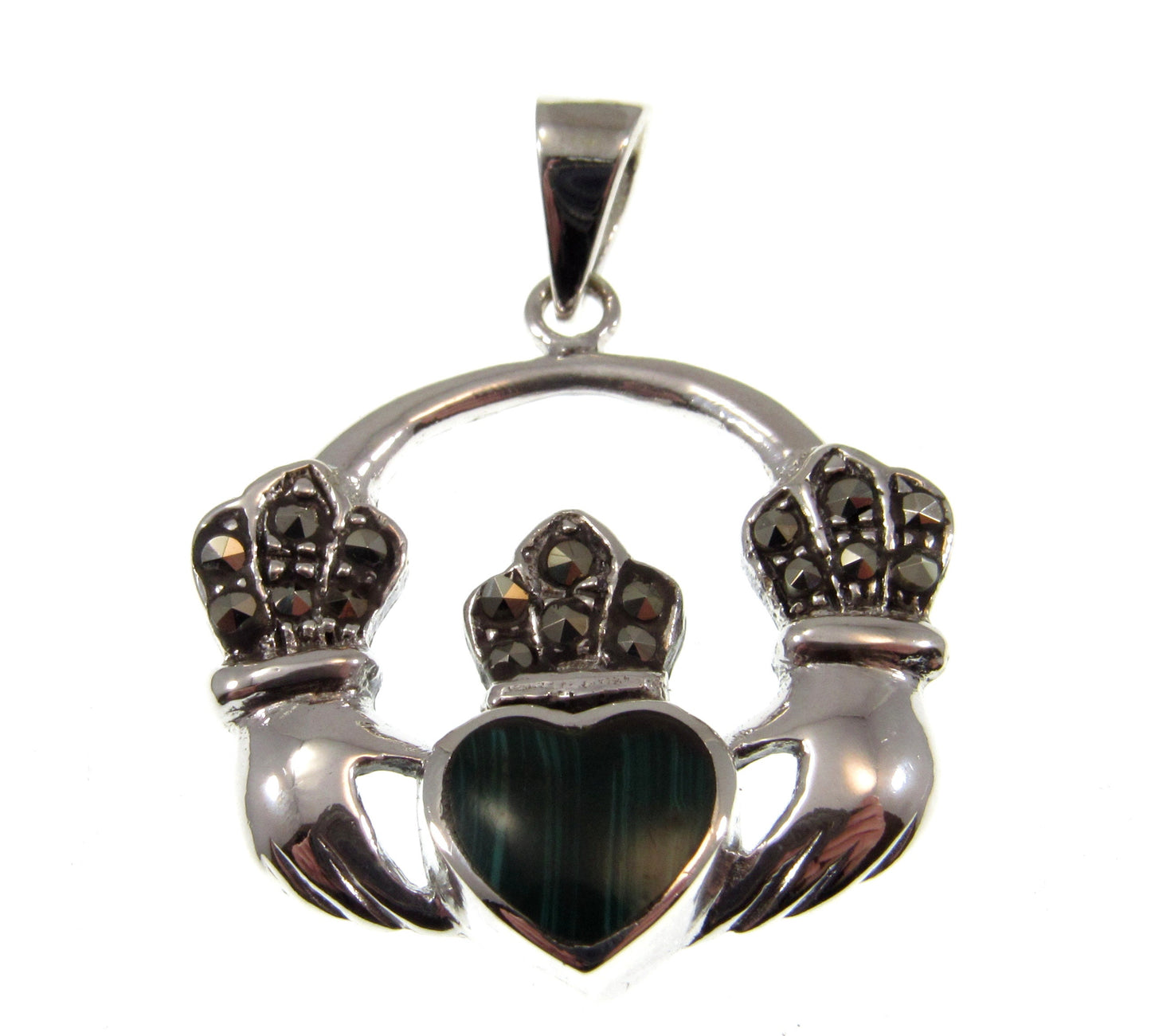 Solid 925 Sterling Silver Celtic Irish CLADDAGH Pendant With Marcasite and Malachite Gemstones