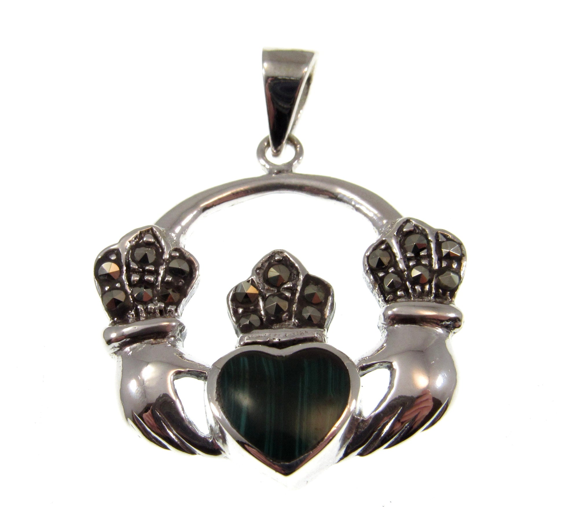 Solid 925 Sterling Silver Celtic Irish CLADDAGH Pendant With Marcasite and Malachite Gemstones