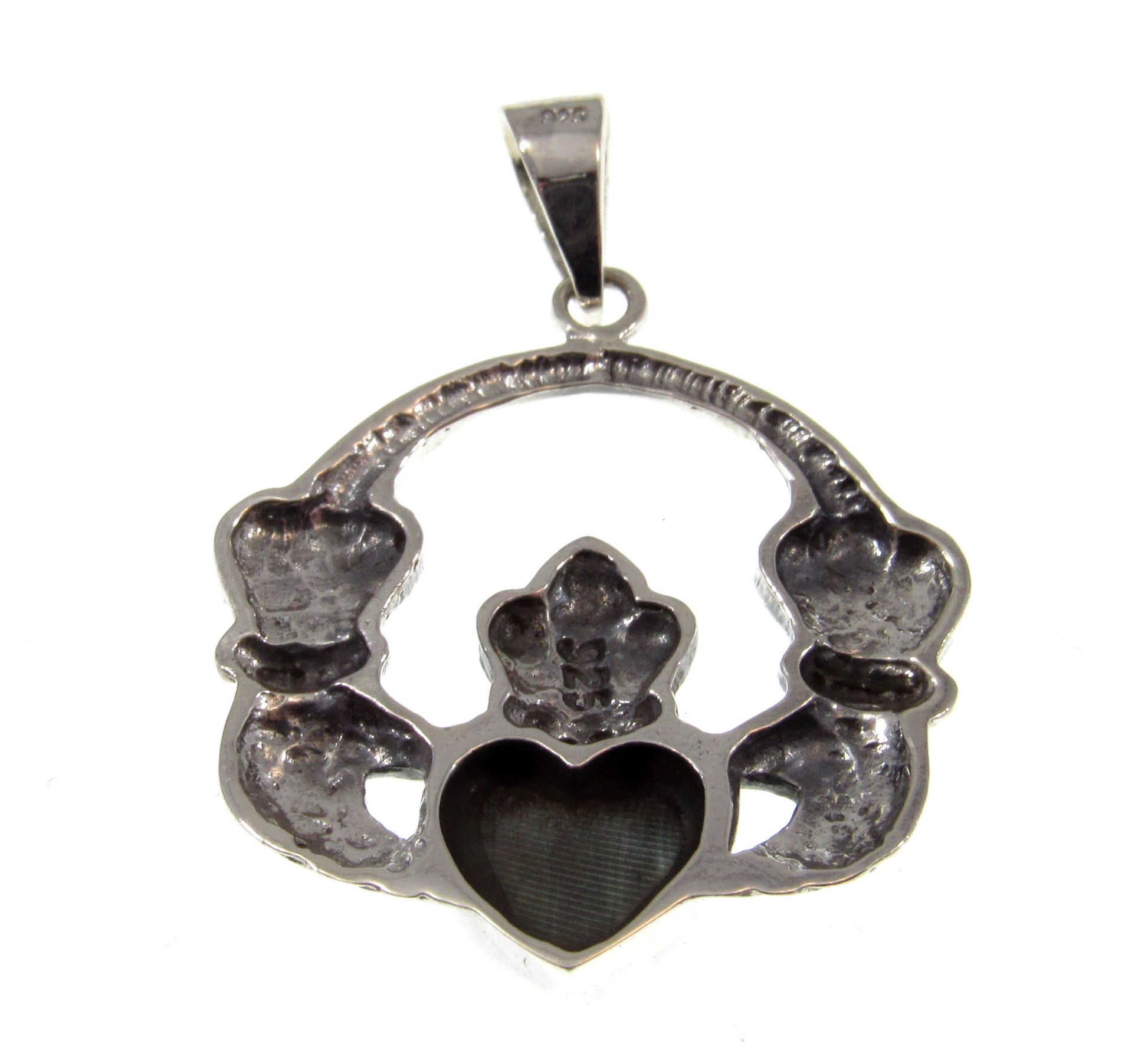 Solid 925 Sterling Silver Celtic Irish CLADDAGH Pendant With Marcasite and Malachite Gemstones